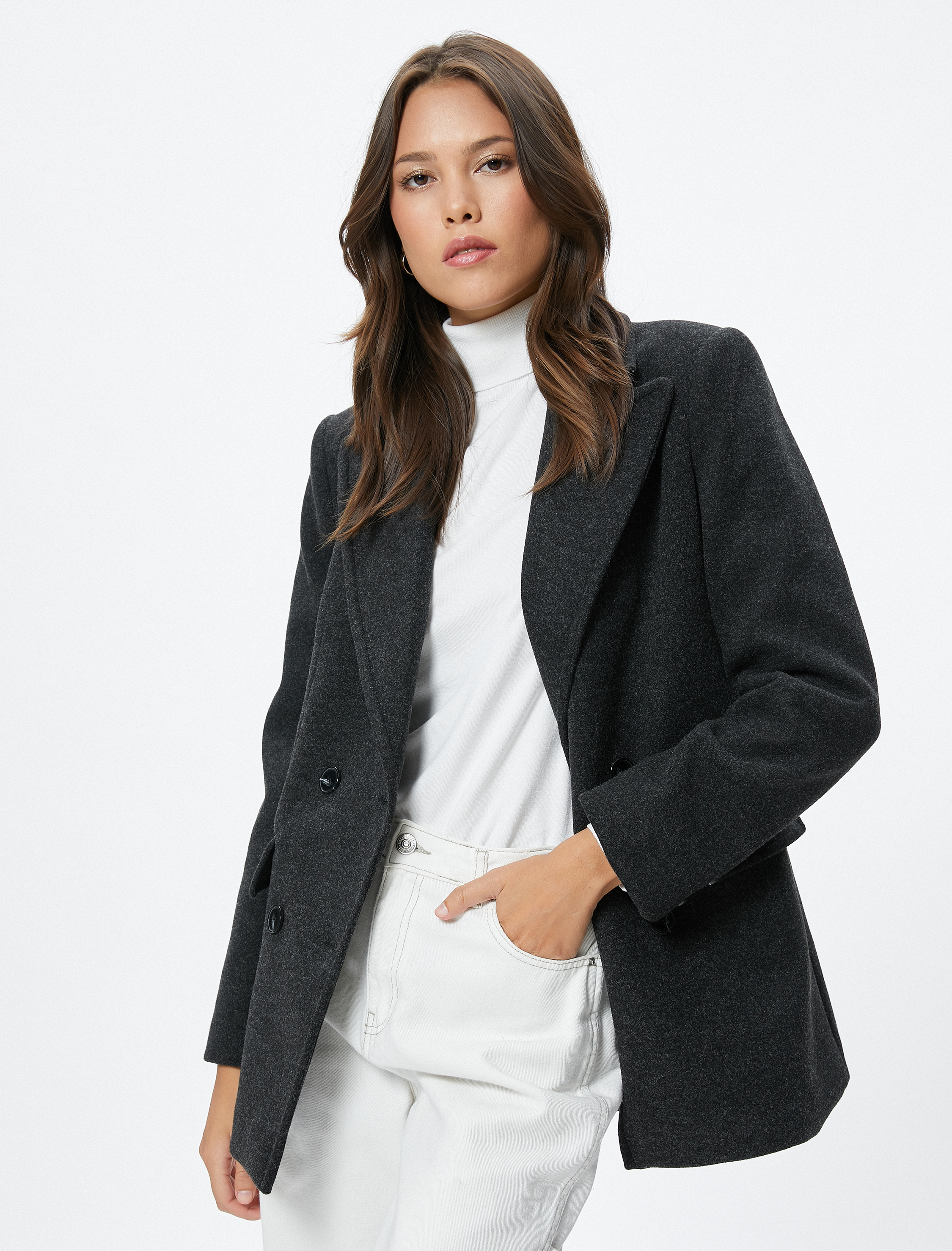   Blazer Ceket Kruvaze Düğmeli Kapaklı Cepli