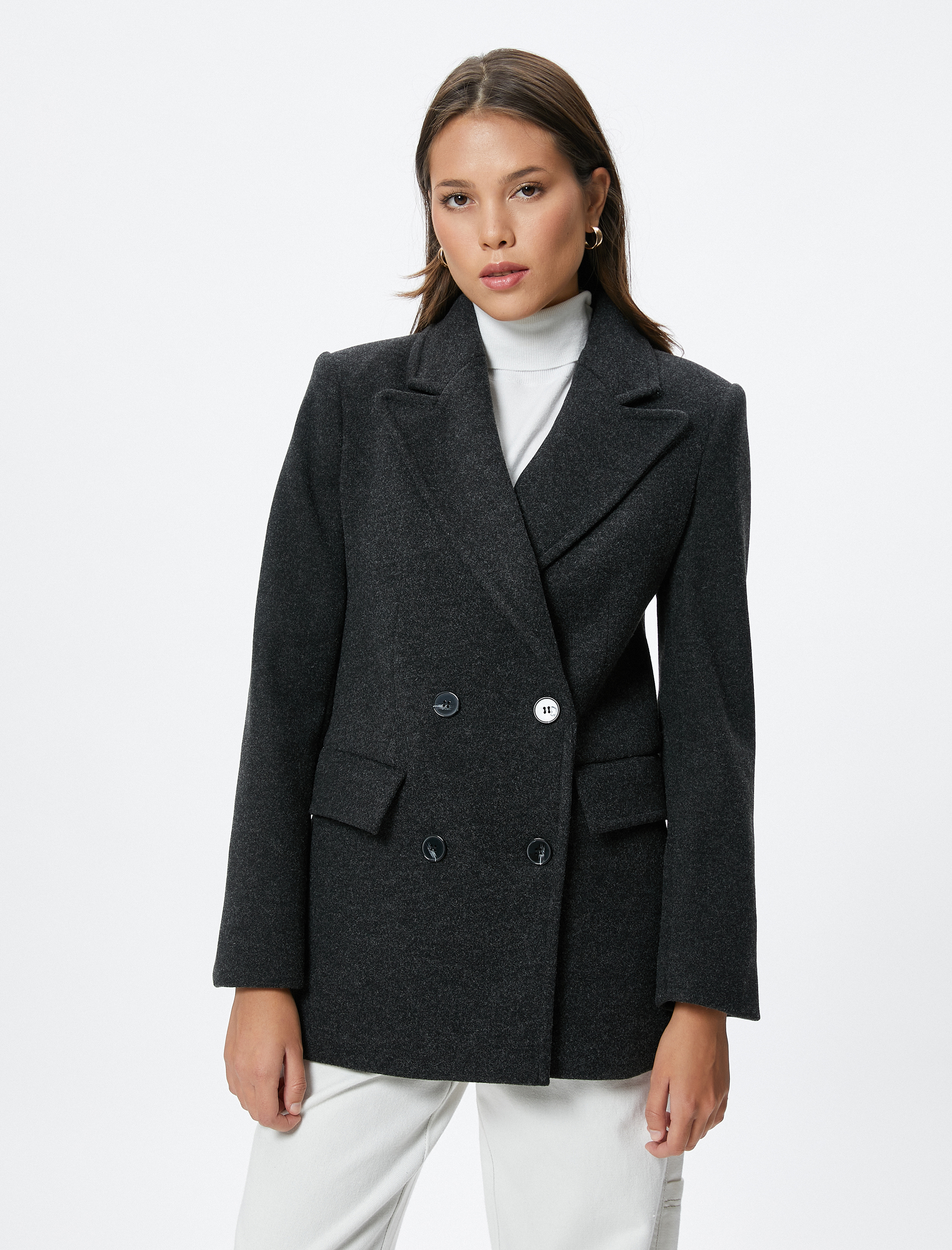   Blazer Ceket Kruvaze Düğmeli Kapaklı Cepli