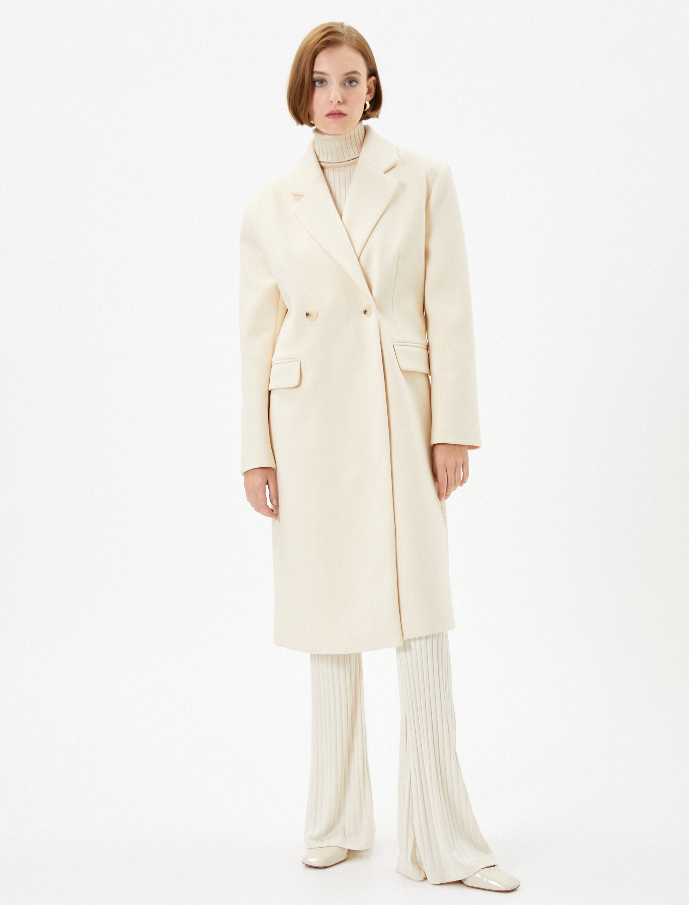 Oversize Kaşe Kaban Kapaklı Cepli Düğmeli