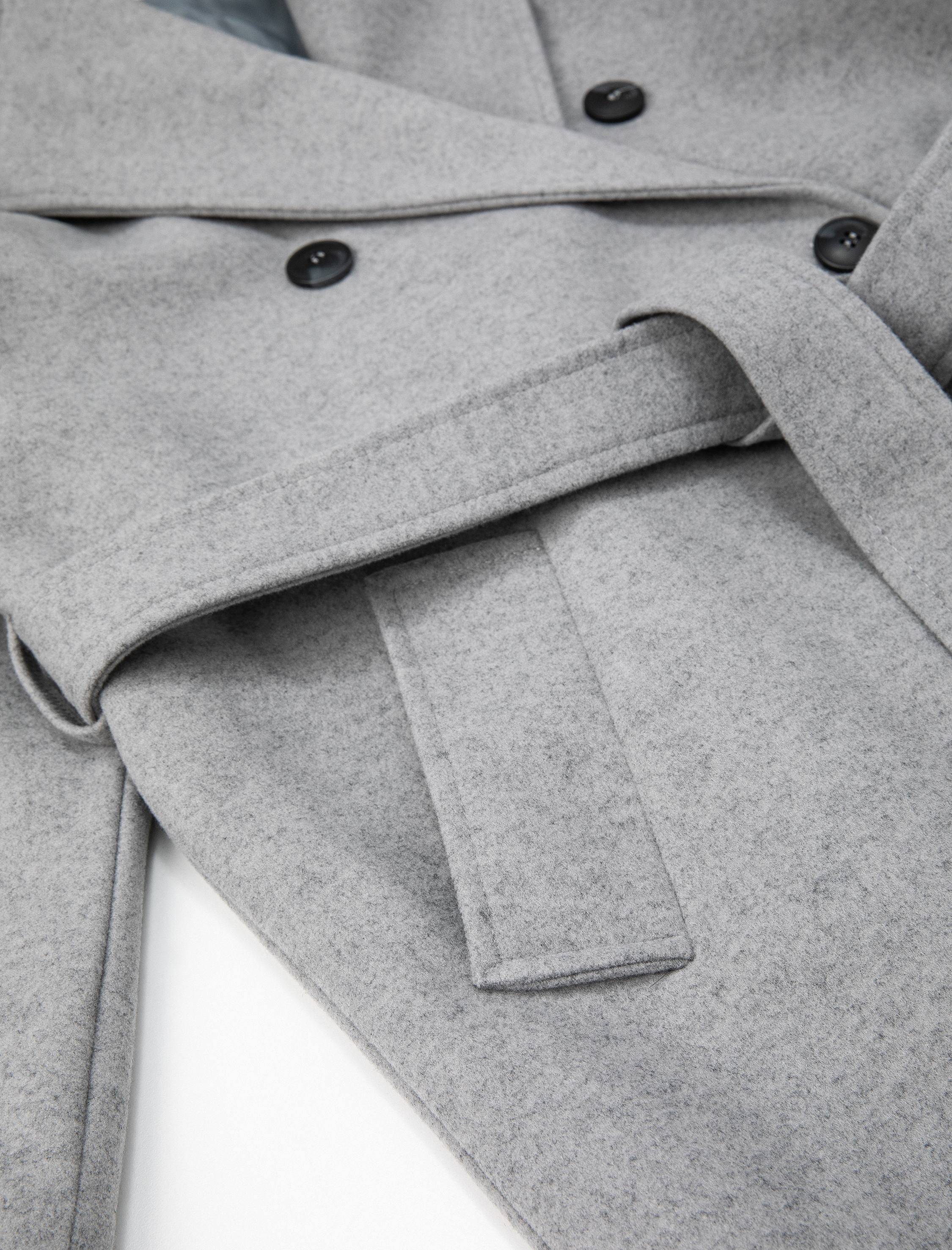   Uzun Kaşe Kaban Düğmeli Kruvaze Beli Kuşaklı Cepli