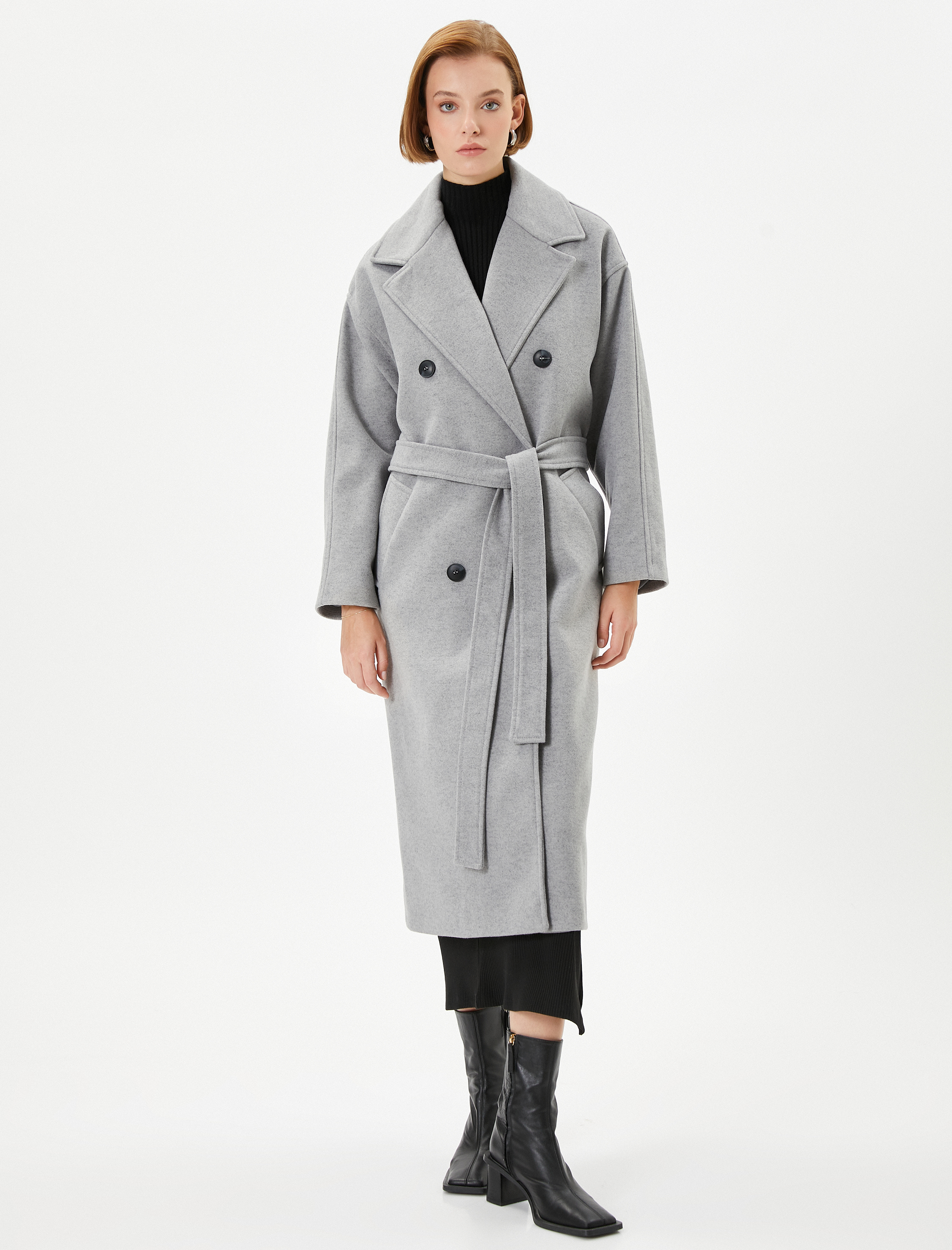   Uzun Kaşe Kaban Düğmeli Kruvaze Beli Kuşaklı Cepli