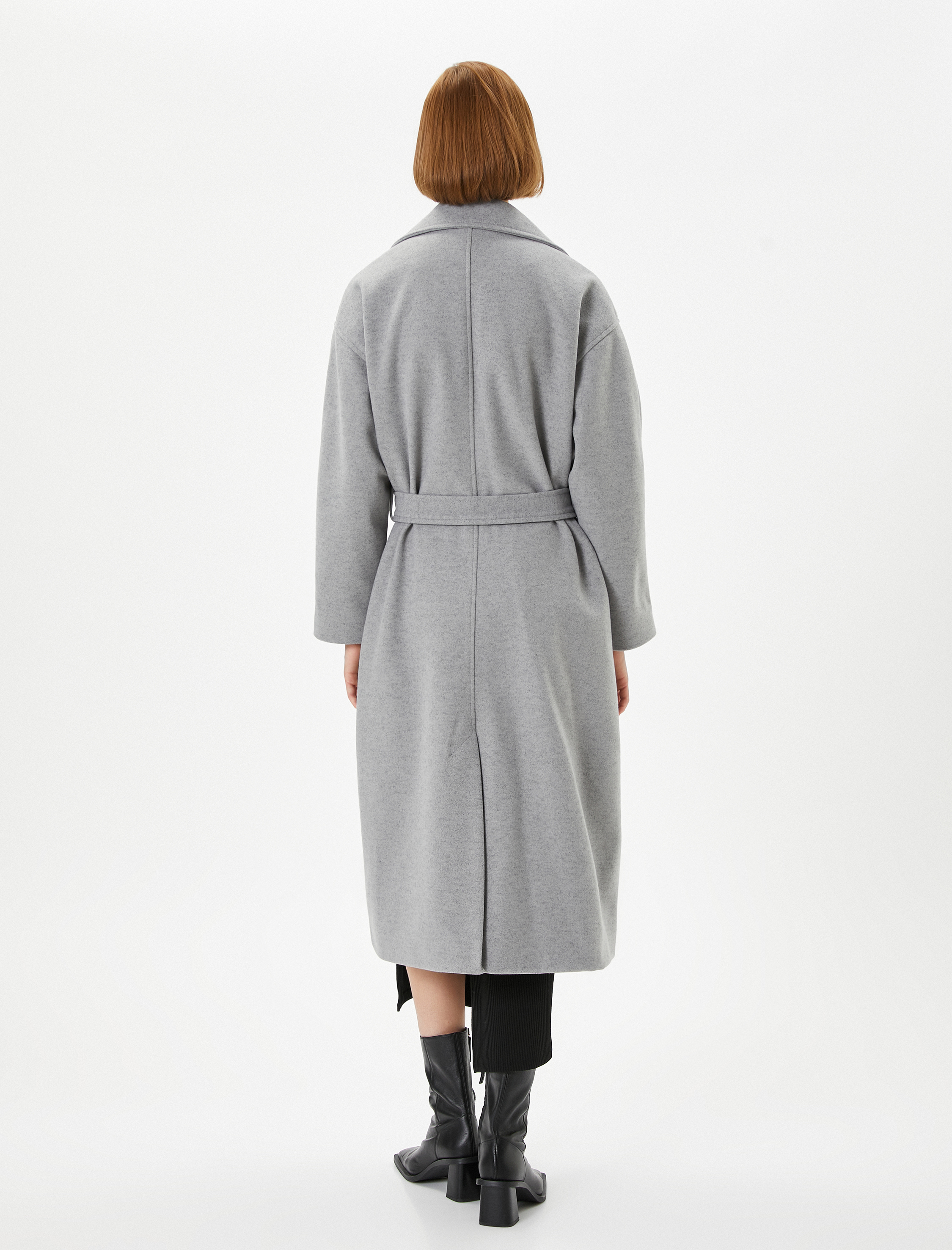   Uzun Kaşe Kaban Düğmeli Kruvaze Beli Kuşaklı Cepli