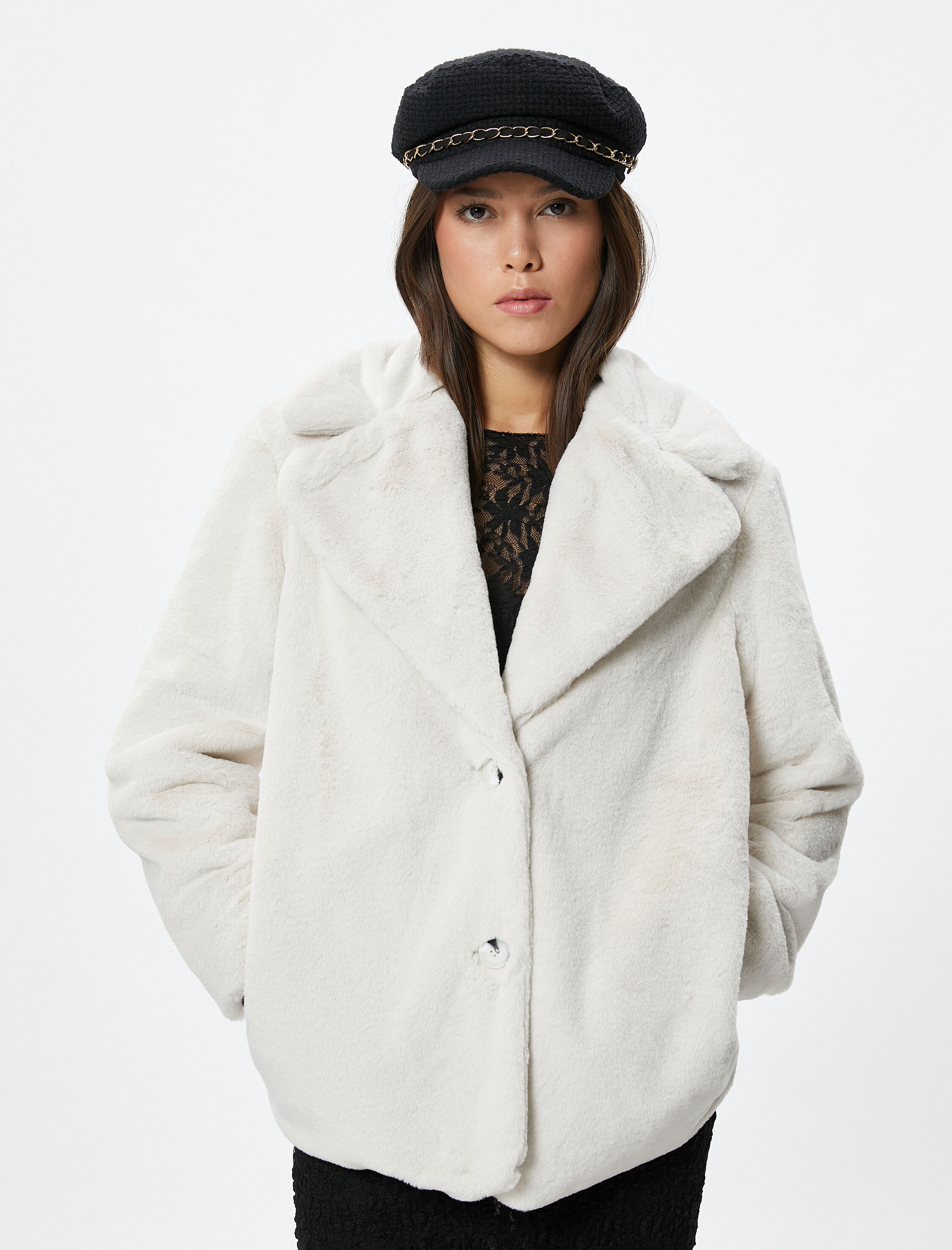 Peluş Mont Düğmeli Ceket Yaka Astarlı