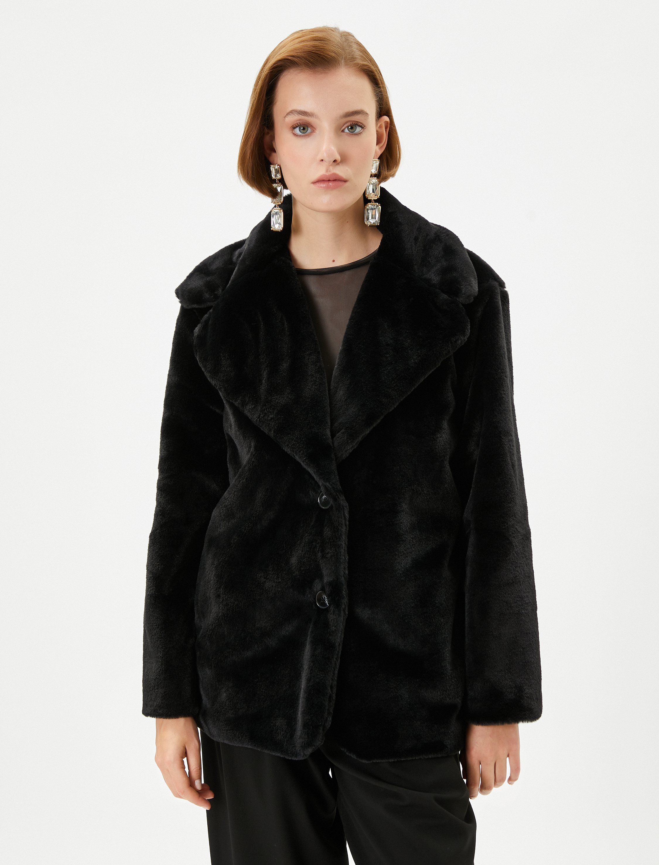   Peluş Mont Düğmeli Ceket Yaka Astarlı