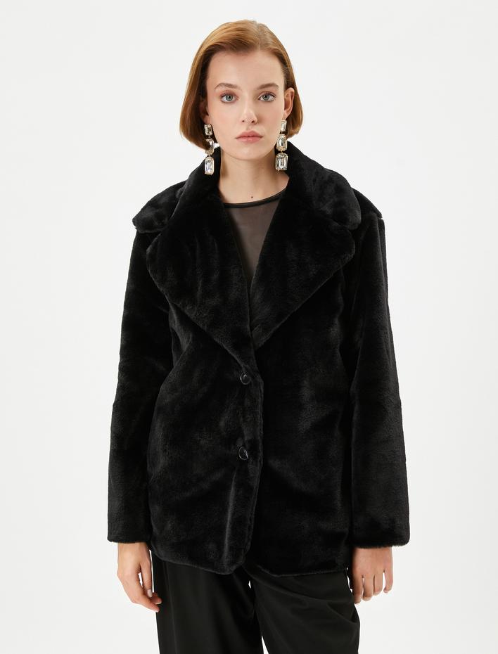  Peluş Mont Düğmeli Ceket Yaka Astarlı