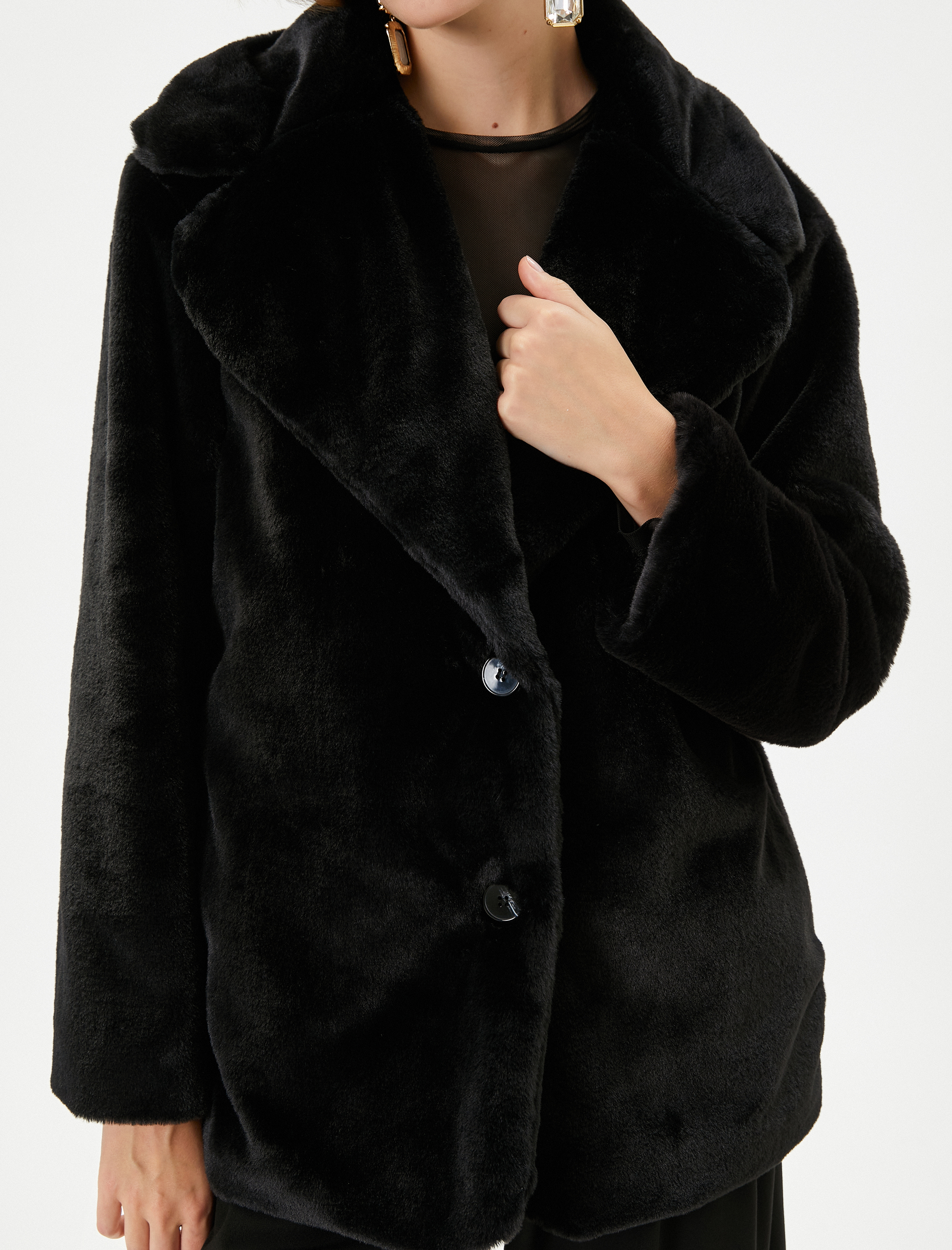   Peluş Mont Düğmeli Ceket Yaka Astarlı