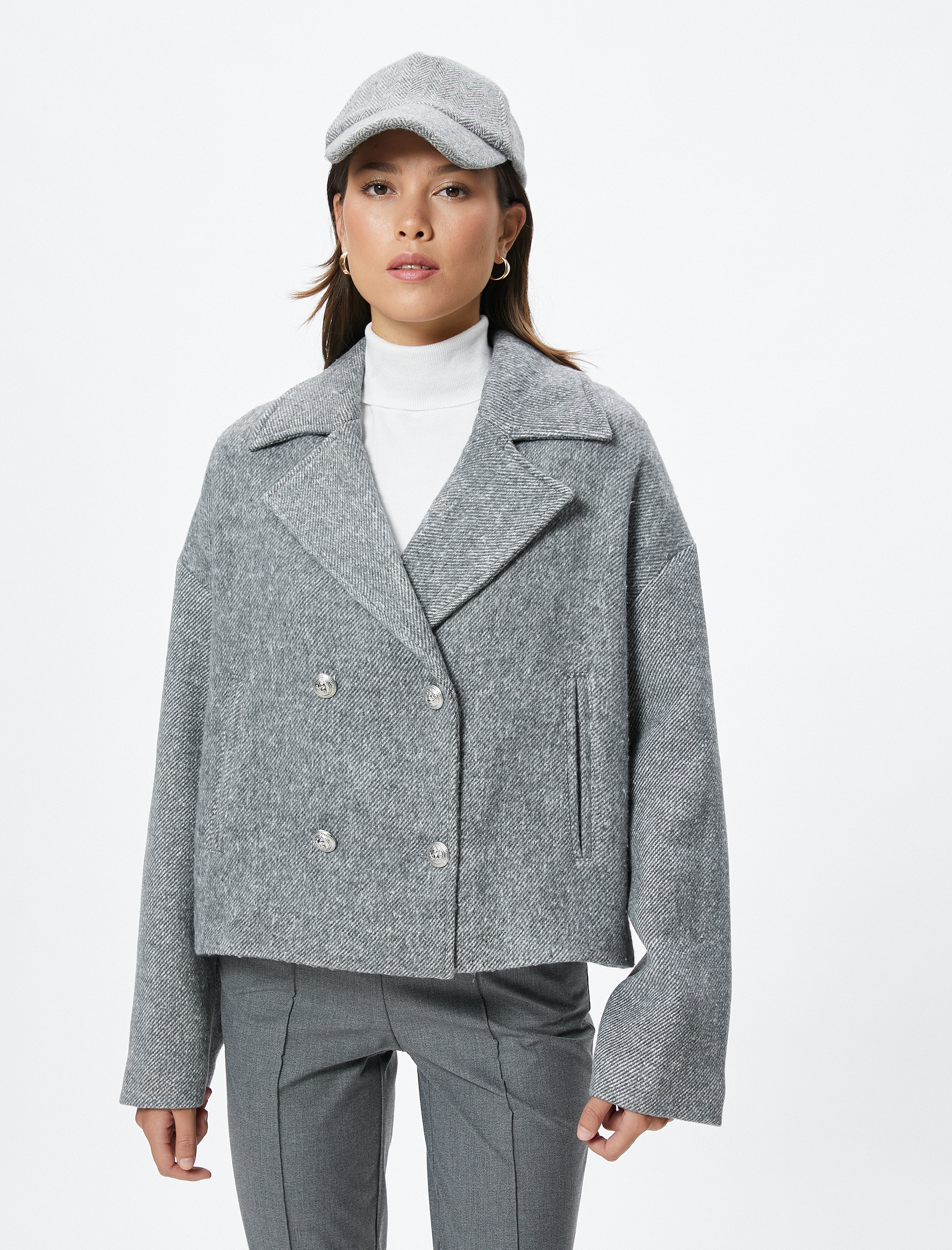   Crop Ceket Kruvaze Düğmeli Cepli