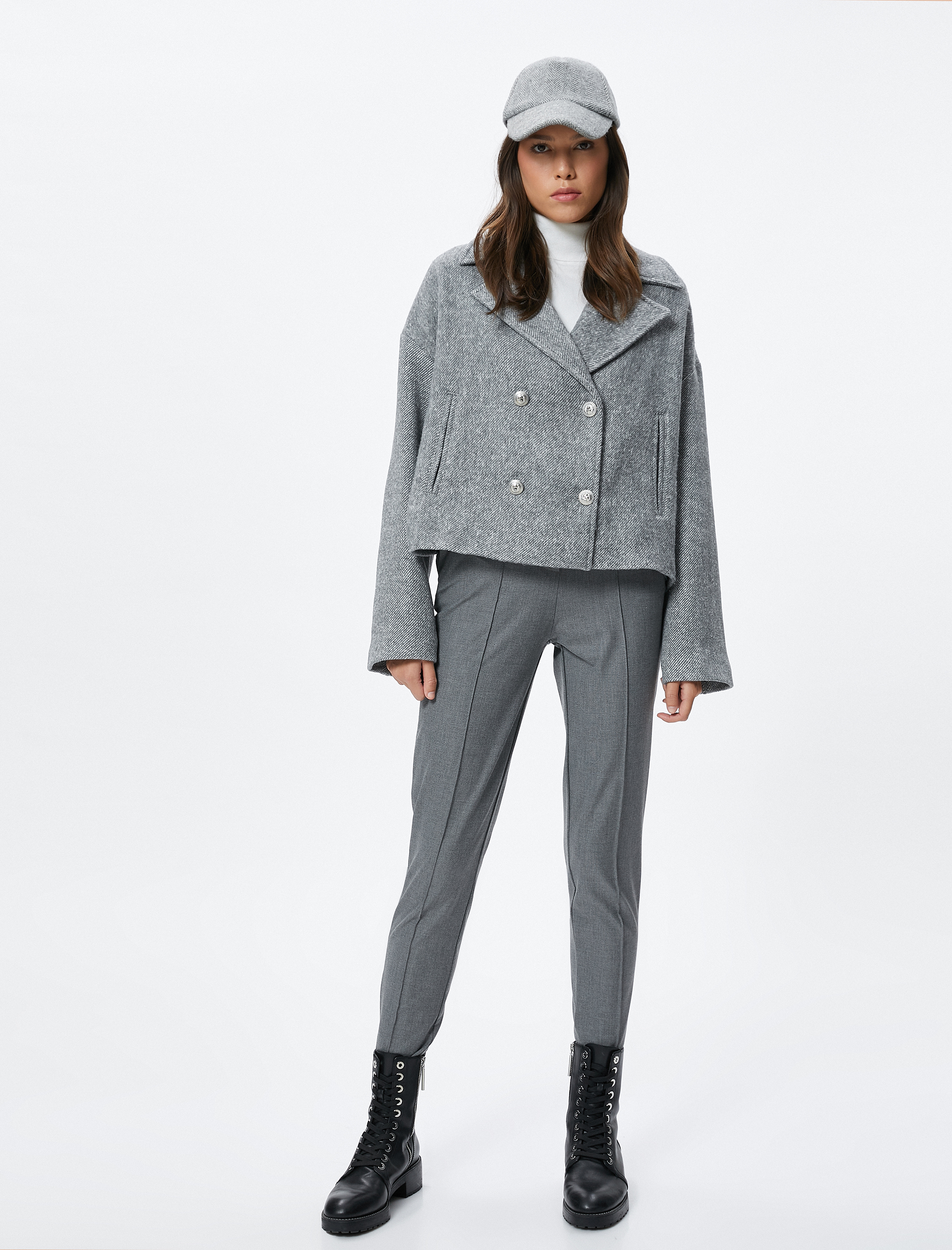   Crop Ceket Kruvaze Düğmeli Cepli