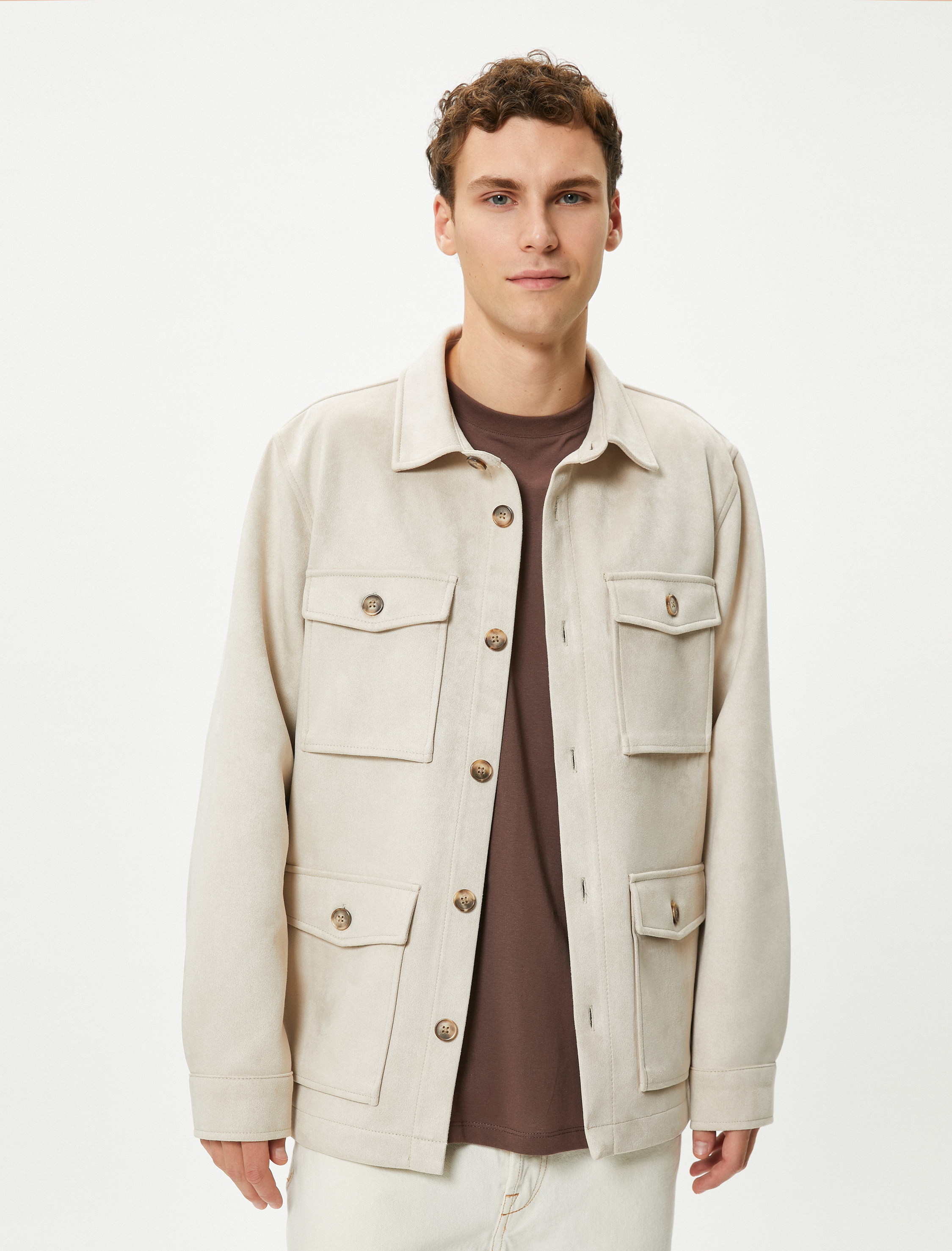   Gömlek Ceket Süet Görünümlü Kapaklı Cepli Düğmeli Klasik Yaka