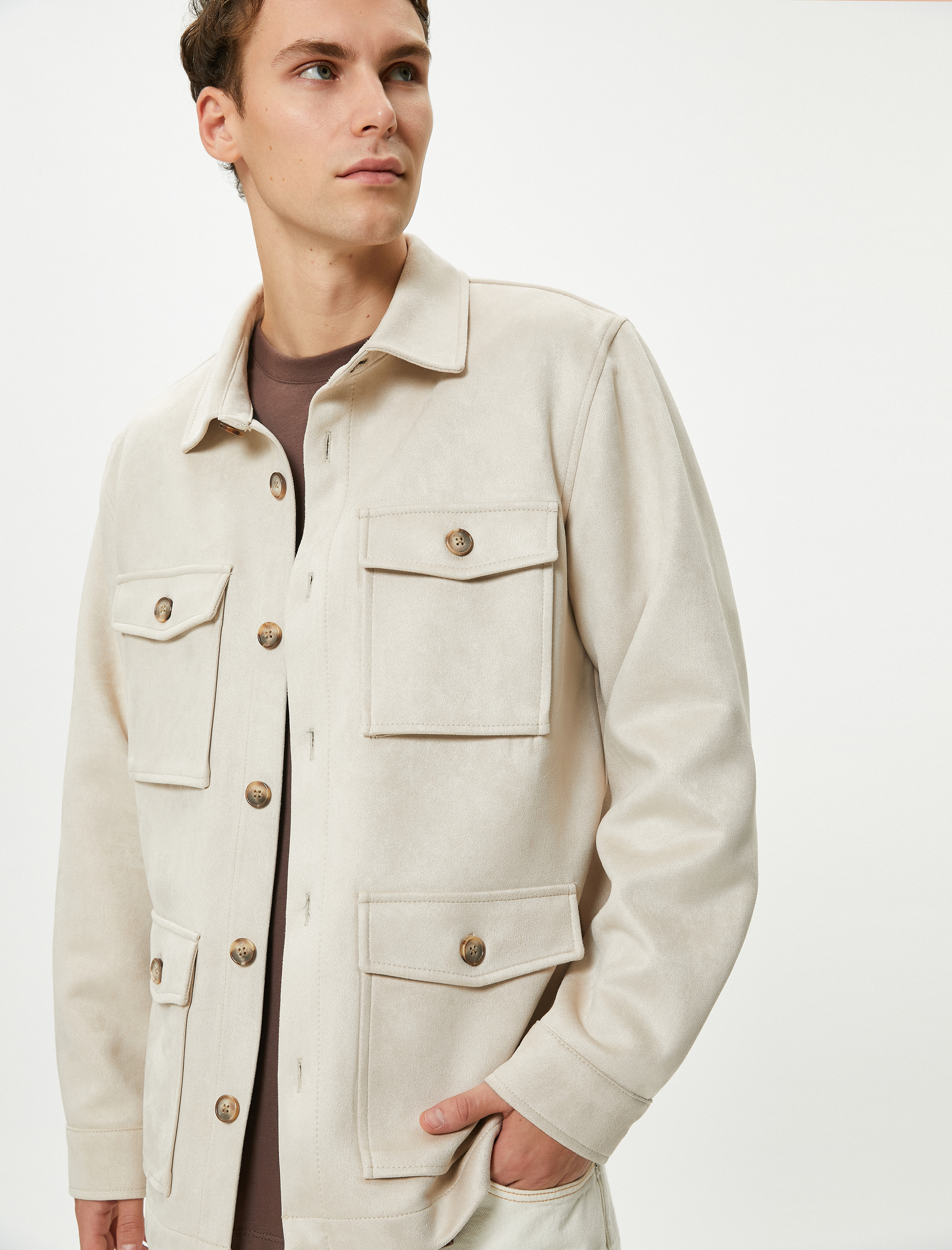   Gömlek Ceket Süet Görünümlü Kapaklı Cepli Düğmeli Klasik Yaka