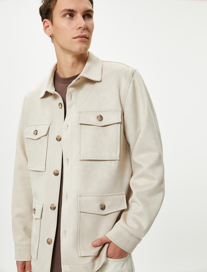  Gömlek Ceket Süet Görünümlü Kapaklı Cepli Düğmeli Klasik Yaka