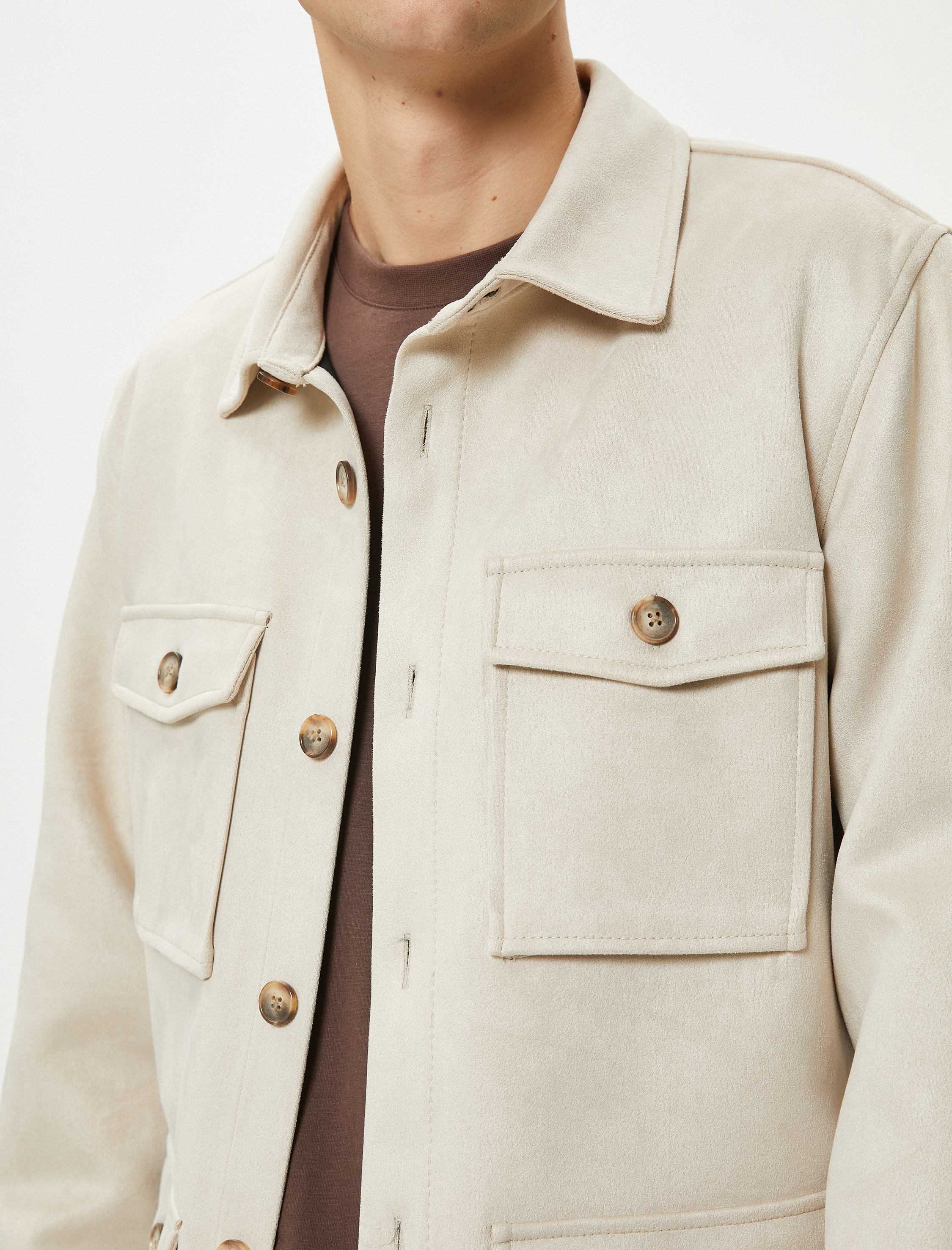   Gömlek Ceket Süet Görünümlü Kapaklı Cepli Düğmeli Klasik Yaka