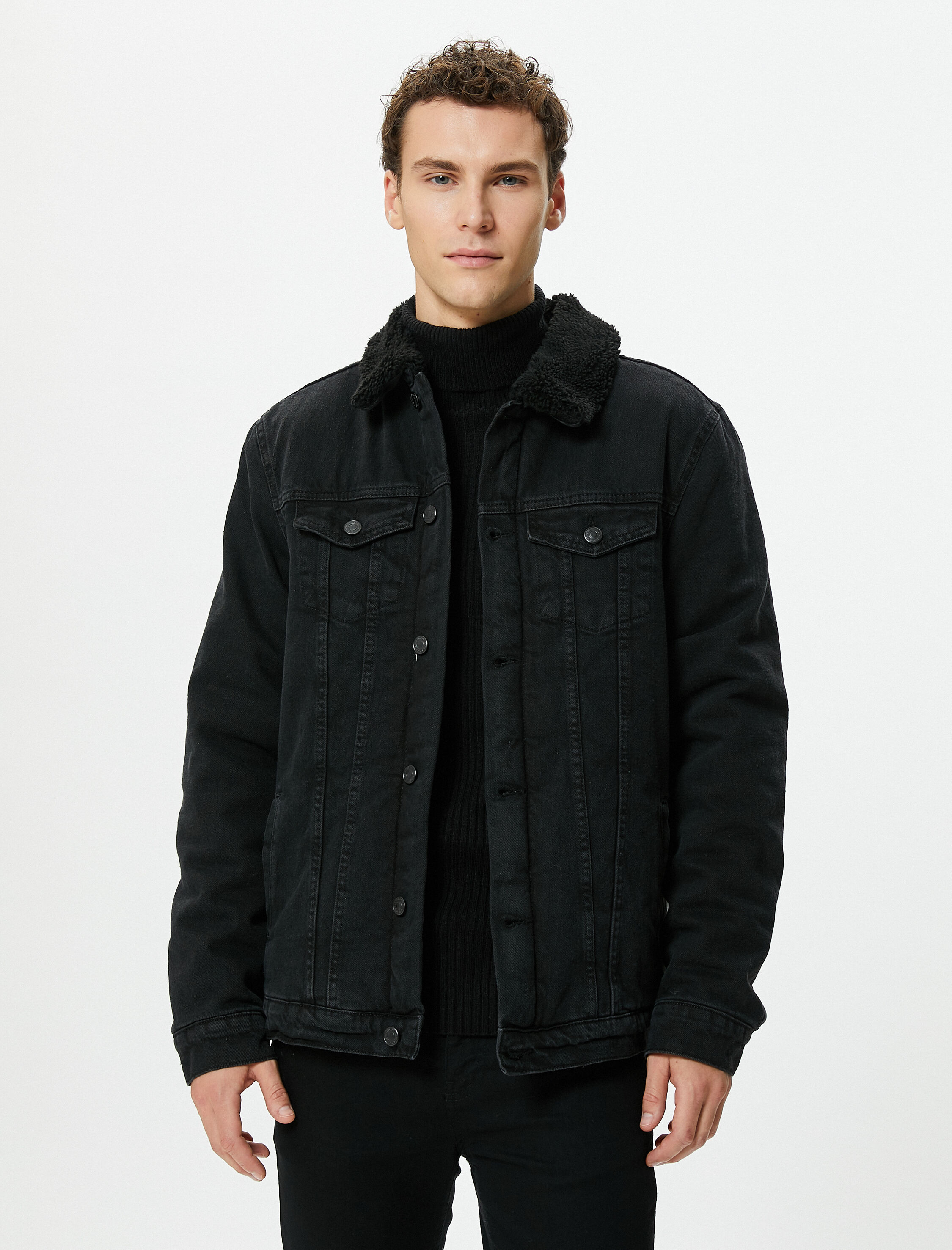   Kot Ceket Suni Kürk Yaka Detaylı Cep Çift Cepli Düğmeli