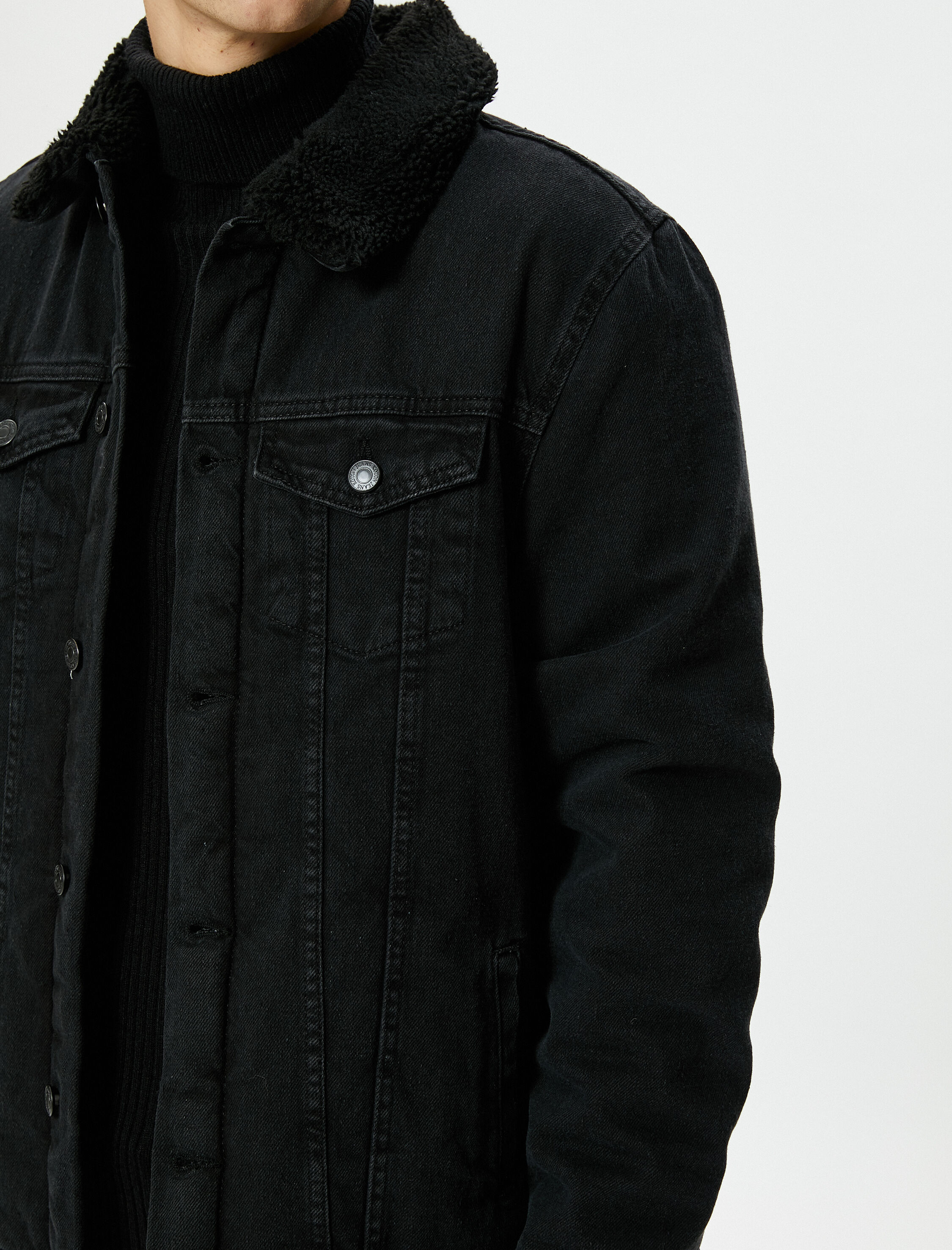   Kot Ceket Suni Kürk Yaka Detaylı Cep Çift Cepli Düğmeli