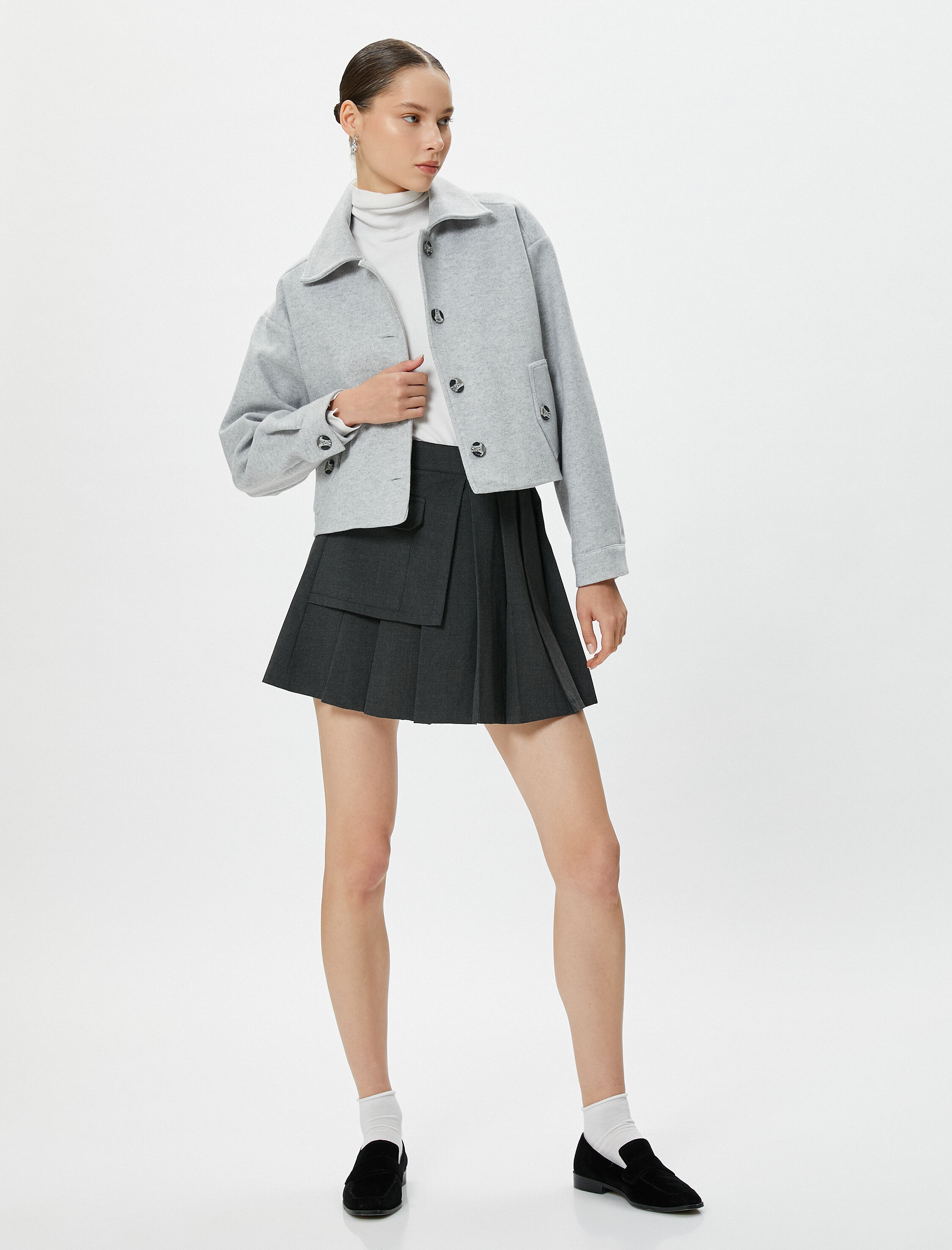   Crop Gömlek Ceket Kapaklı Çift Cepli Uzun Kollu Yumuşak Dokulu