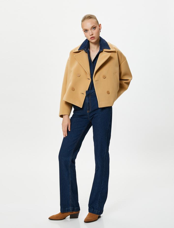  Kısa Kaşe Ceket Kruvaze Düğmeli Cep Detaylı