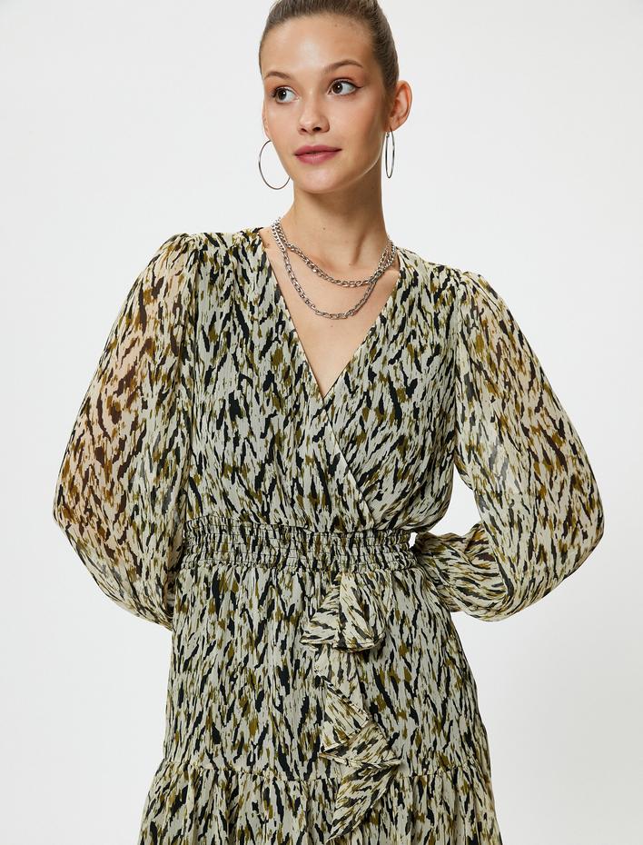  Tül Mini Elbise Kruvaze Yaka Fırfırlı Desenli Uzun Kollu Manşetleri Lastikli