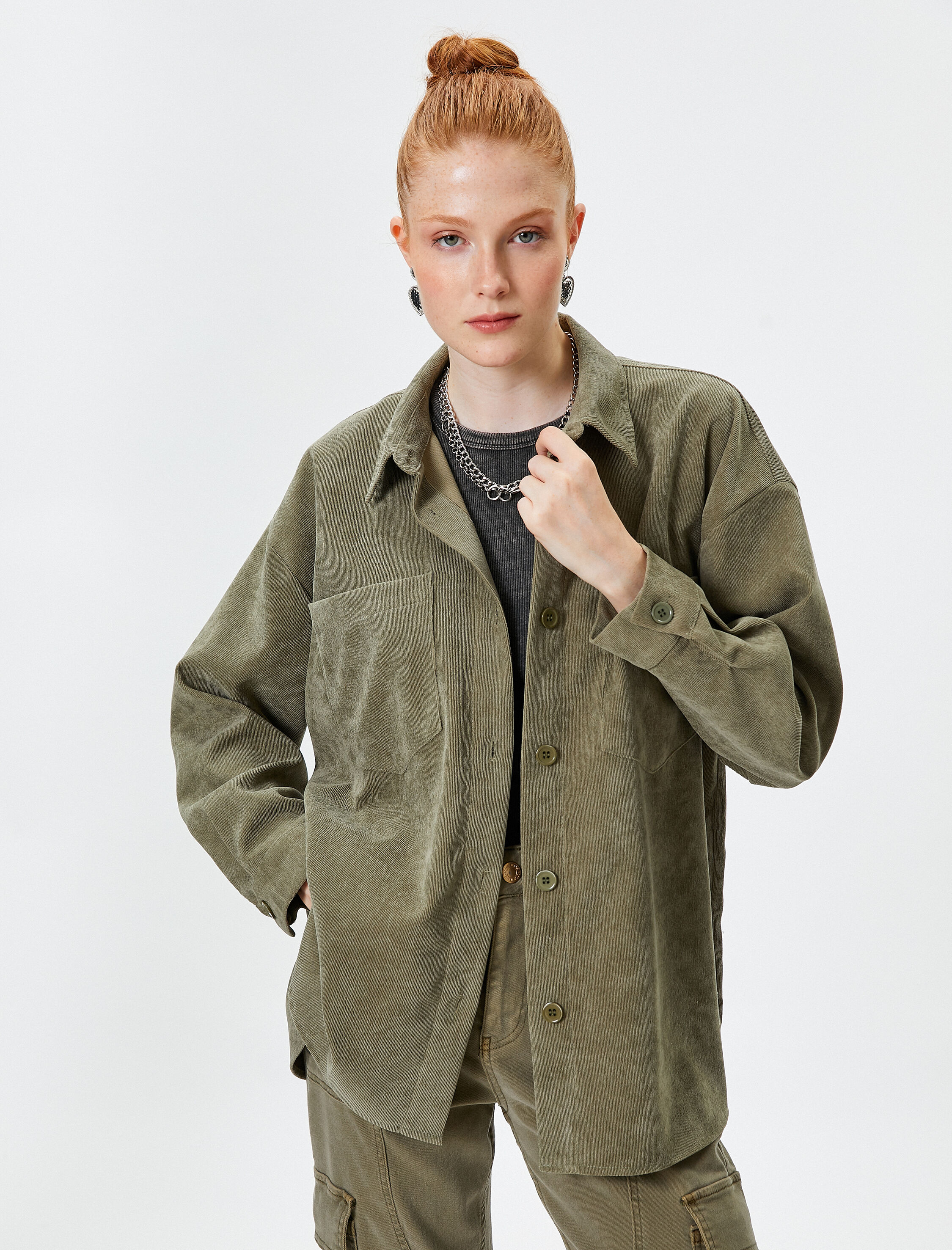   Oversize Gömlek Ceket Cep Detaylı Düğmeli