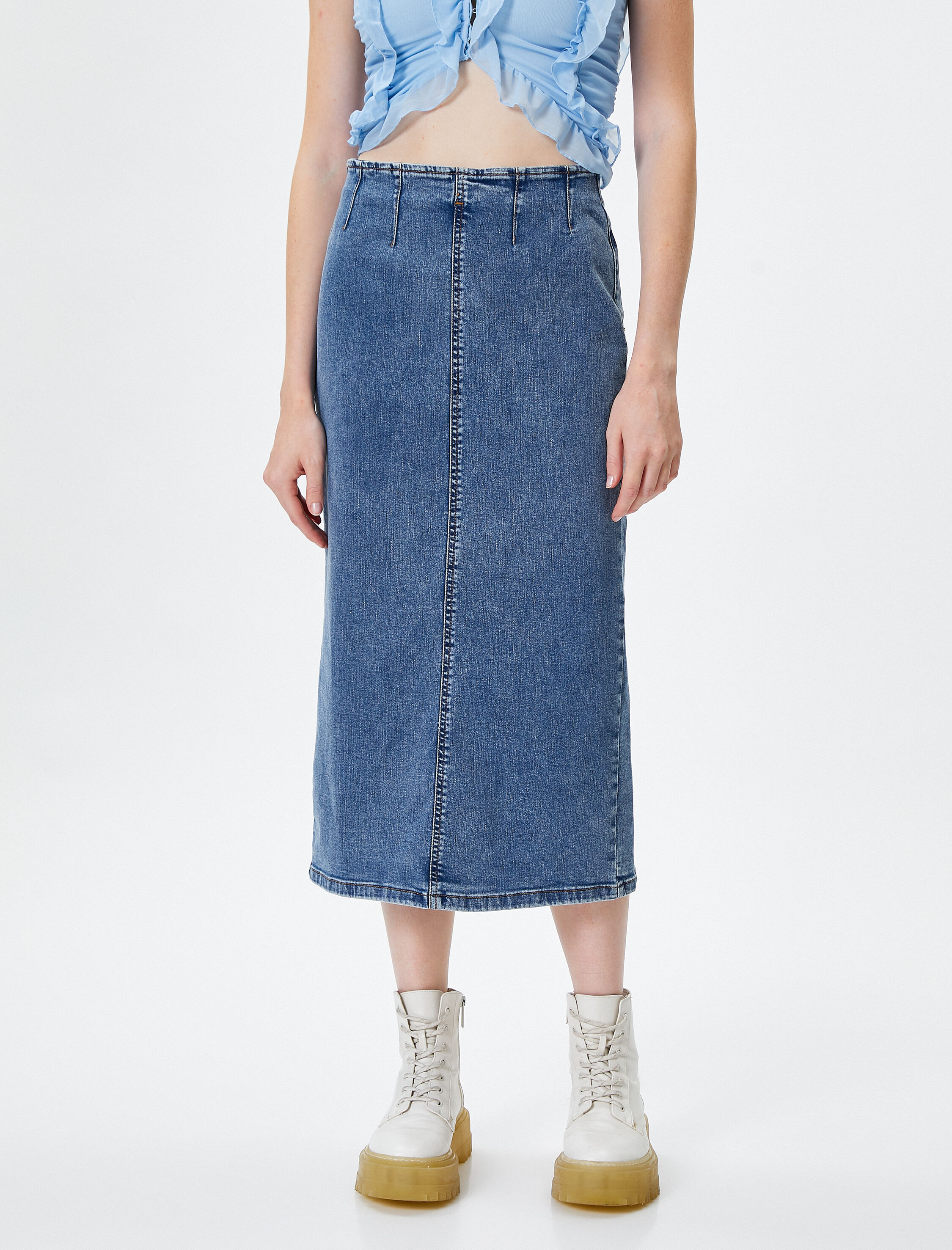 Midi Kot Etek Arkadan Yırtmaç Detaylı Esnek Pamuklu