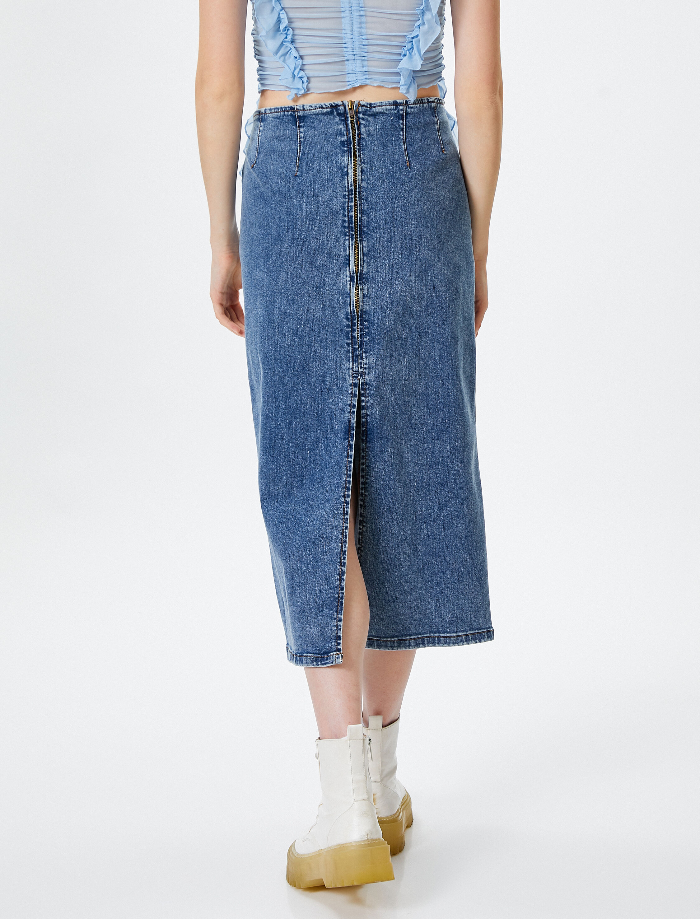 Midi Kot Etek Arkadan Yırtmaç Detaylı Esnek Pamuklu