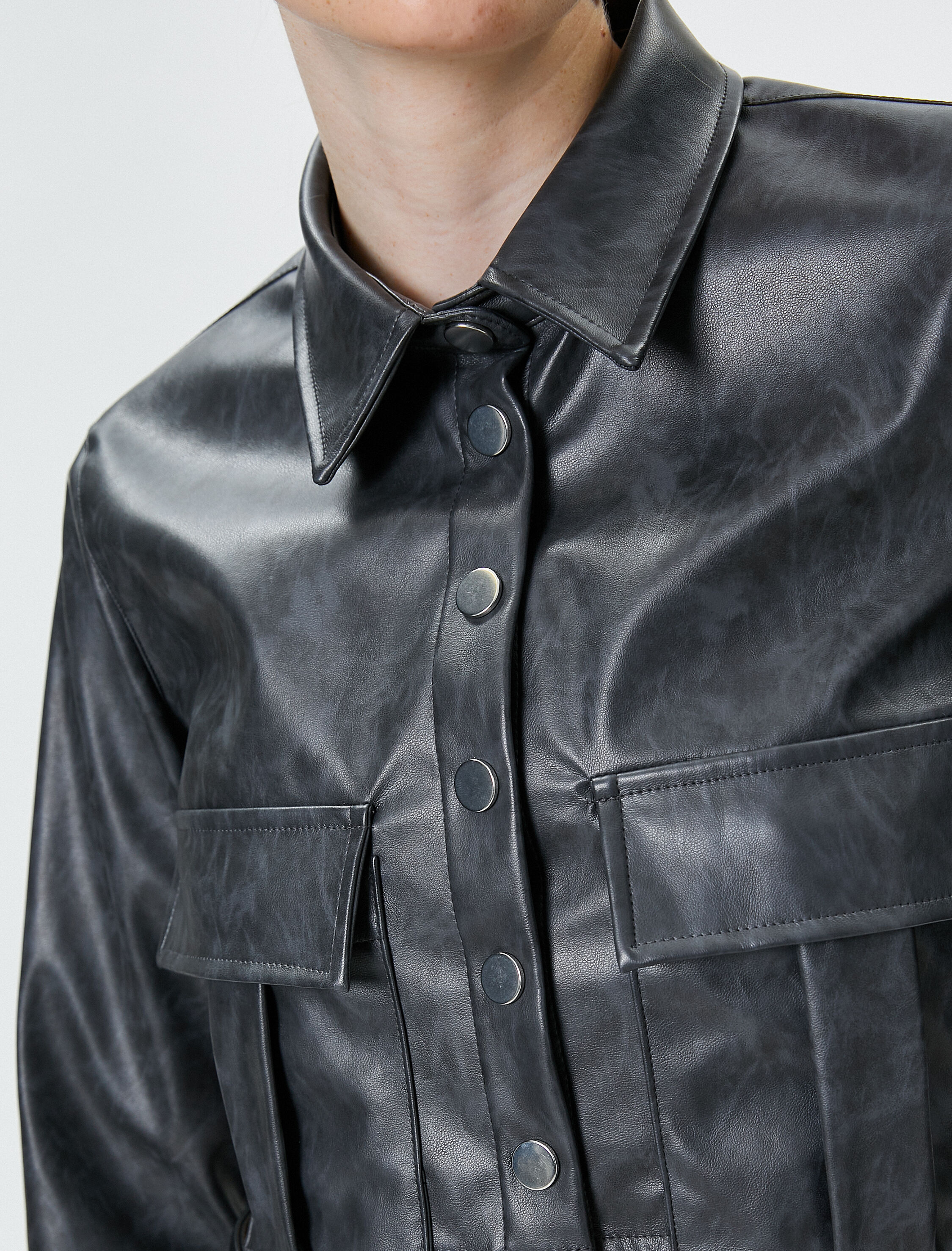   Crop Suni Deri Gömlek Eskitilmiş Görünümlü Uzun Kollu