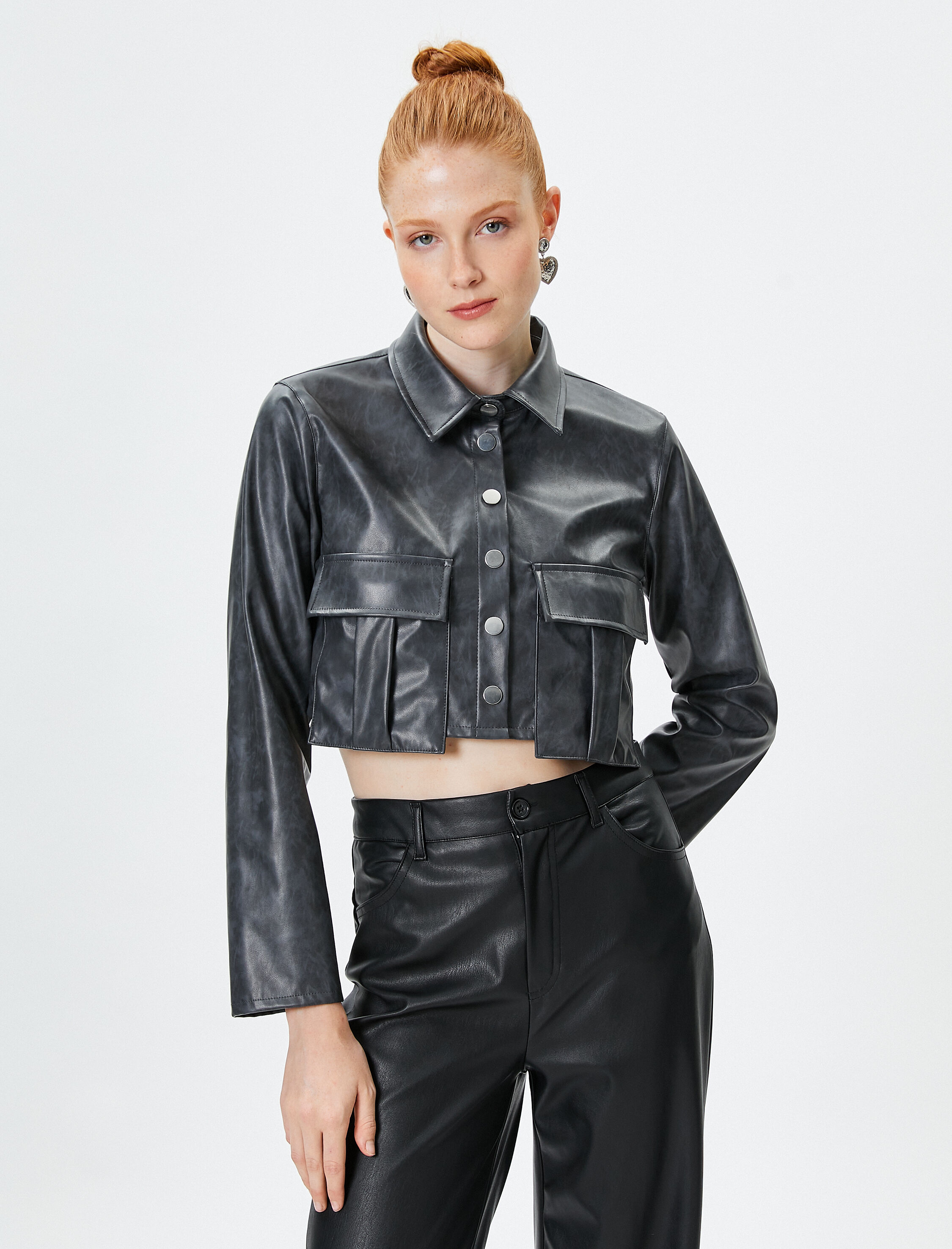   Crop Suni Deri Gömlek Eskitilmiş Görünümlü Uzun Kollu