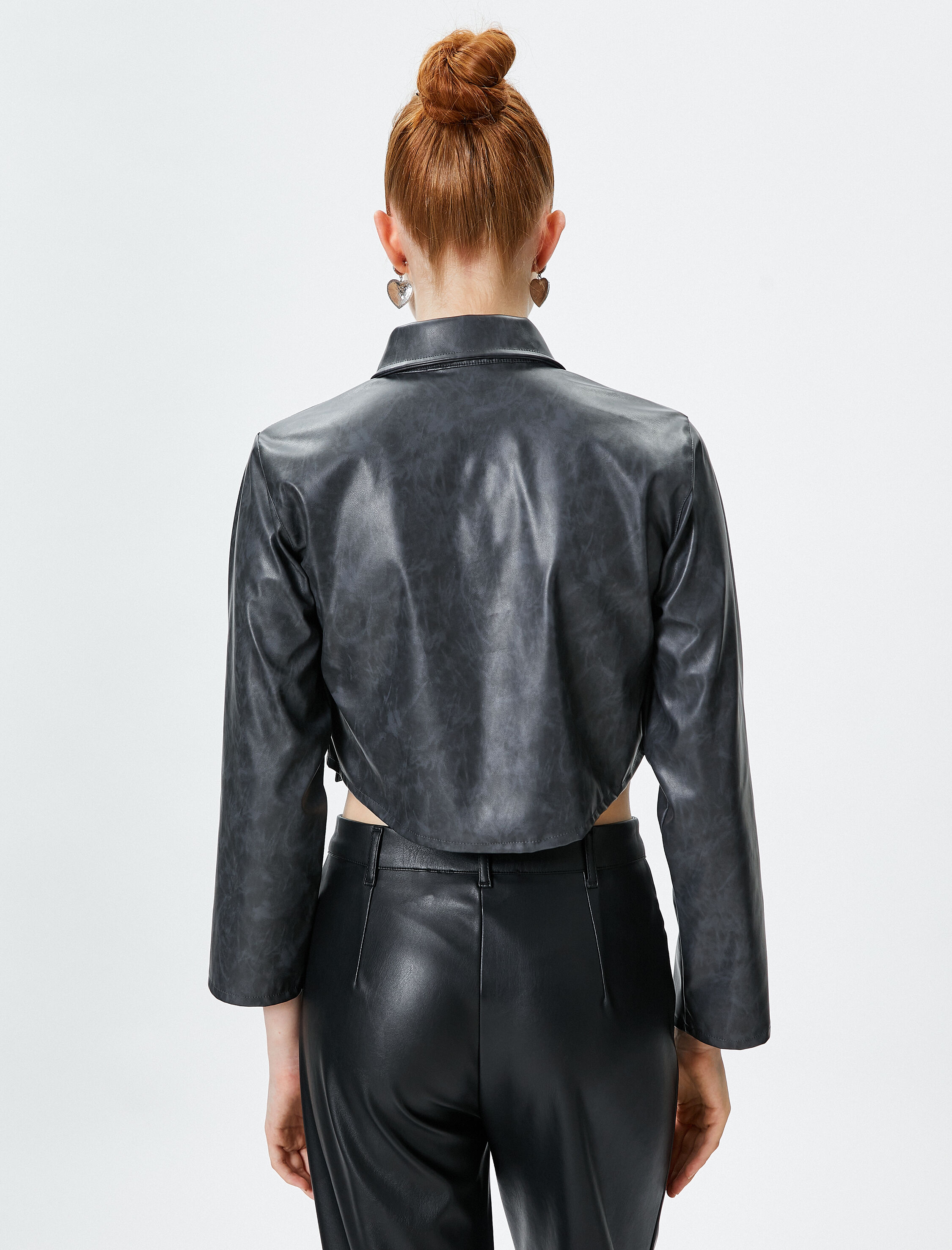   Crop Suni Deri Gömlek Eskitilmiş Görünümlü Uzun Kollu