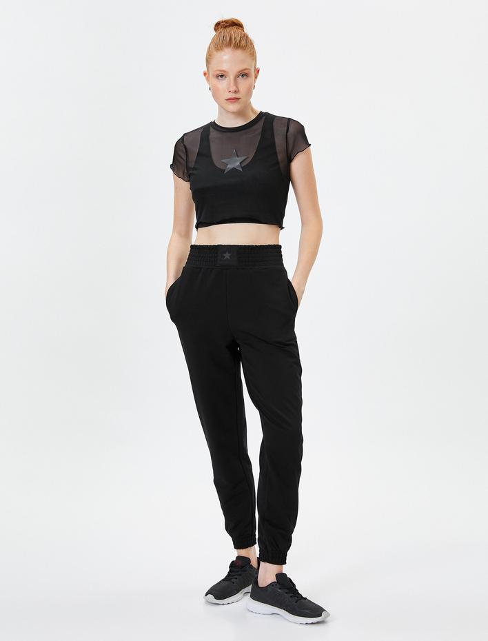  Tül Spor Crop Tişört Yıldız Baskılı Kısa Kollu Bisiklet Yaka