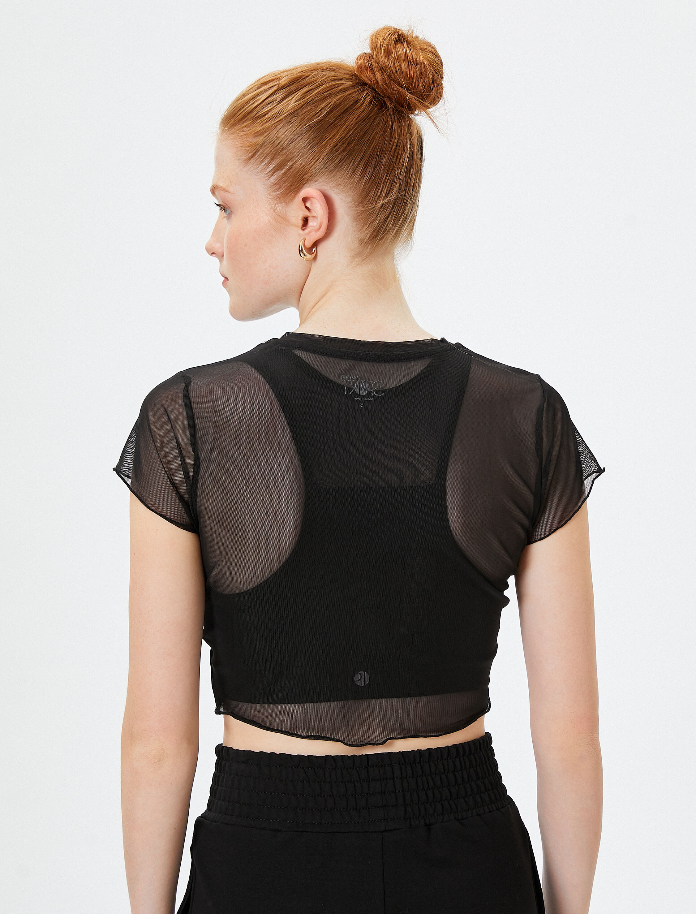   Tül Spor Crop Tişört Yıldız Baskılı Kısa Kollu Bisiklet Yaka