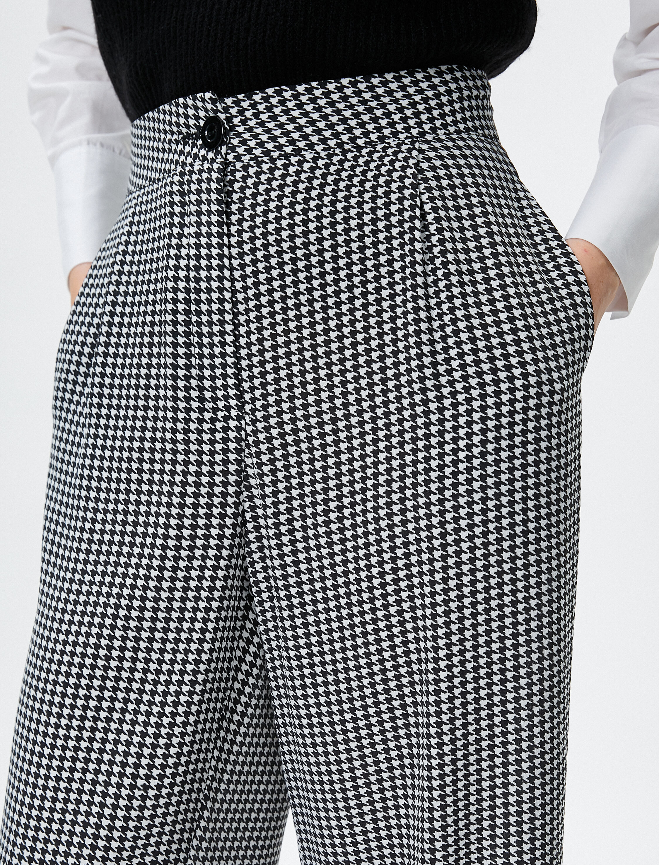   Palazzo Pantolon Kaz Ayağı Desenli Yüksek Bel Cepli