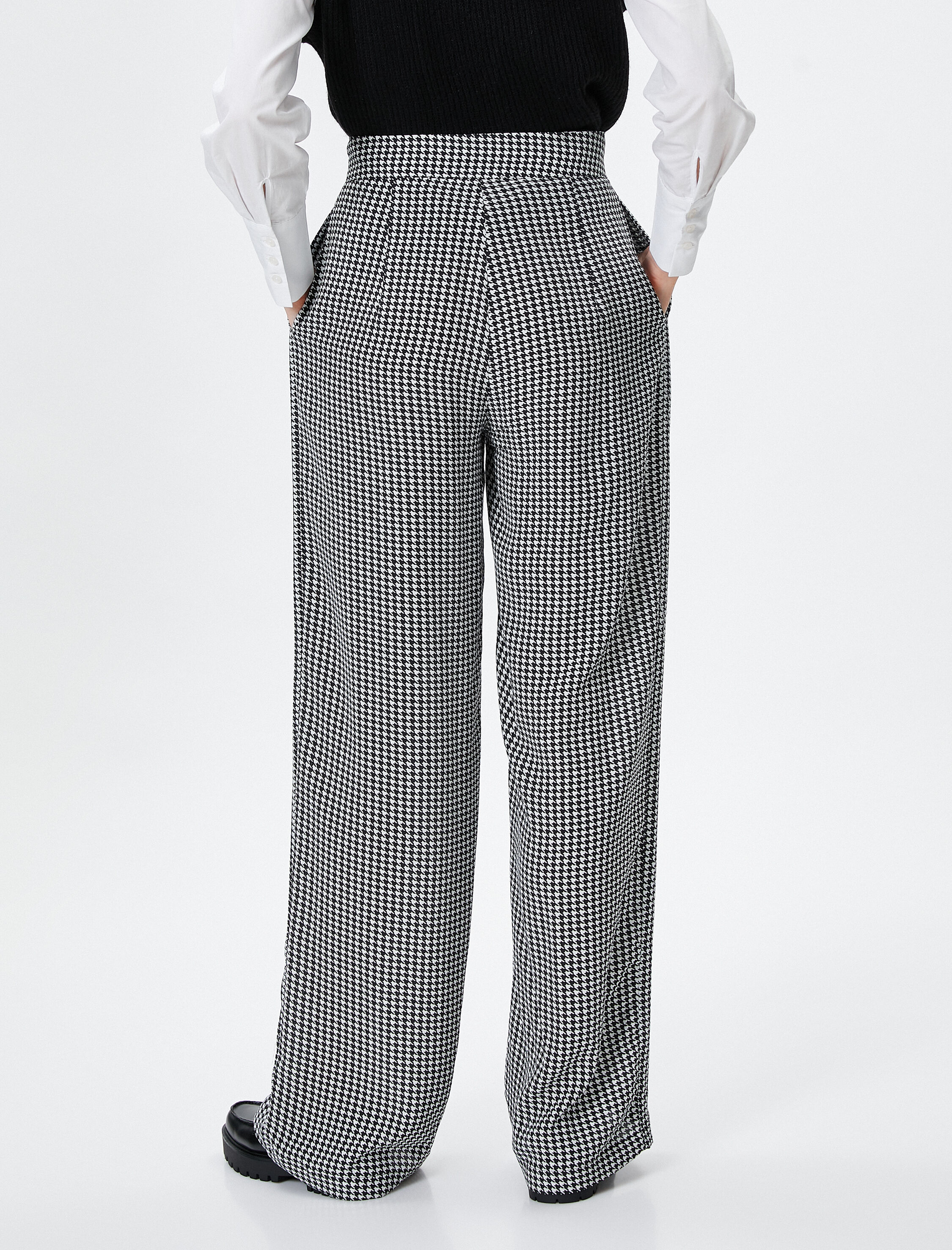   Palazzo Pantolon Kaz Ayağı Desenli Yüksek Bel Cepli