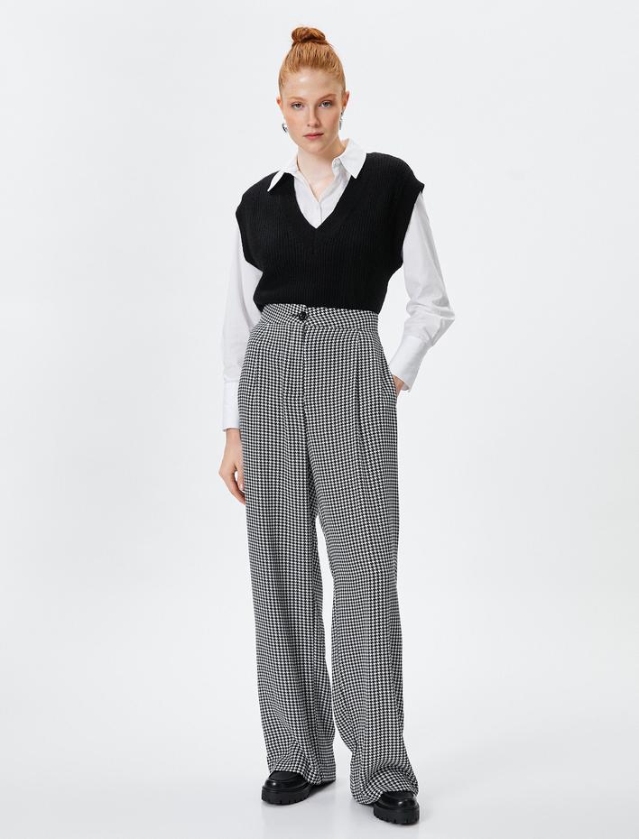  Palazzo Pantolon Kaz Ayağı Desenli Yüksek Bel Cepli