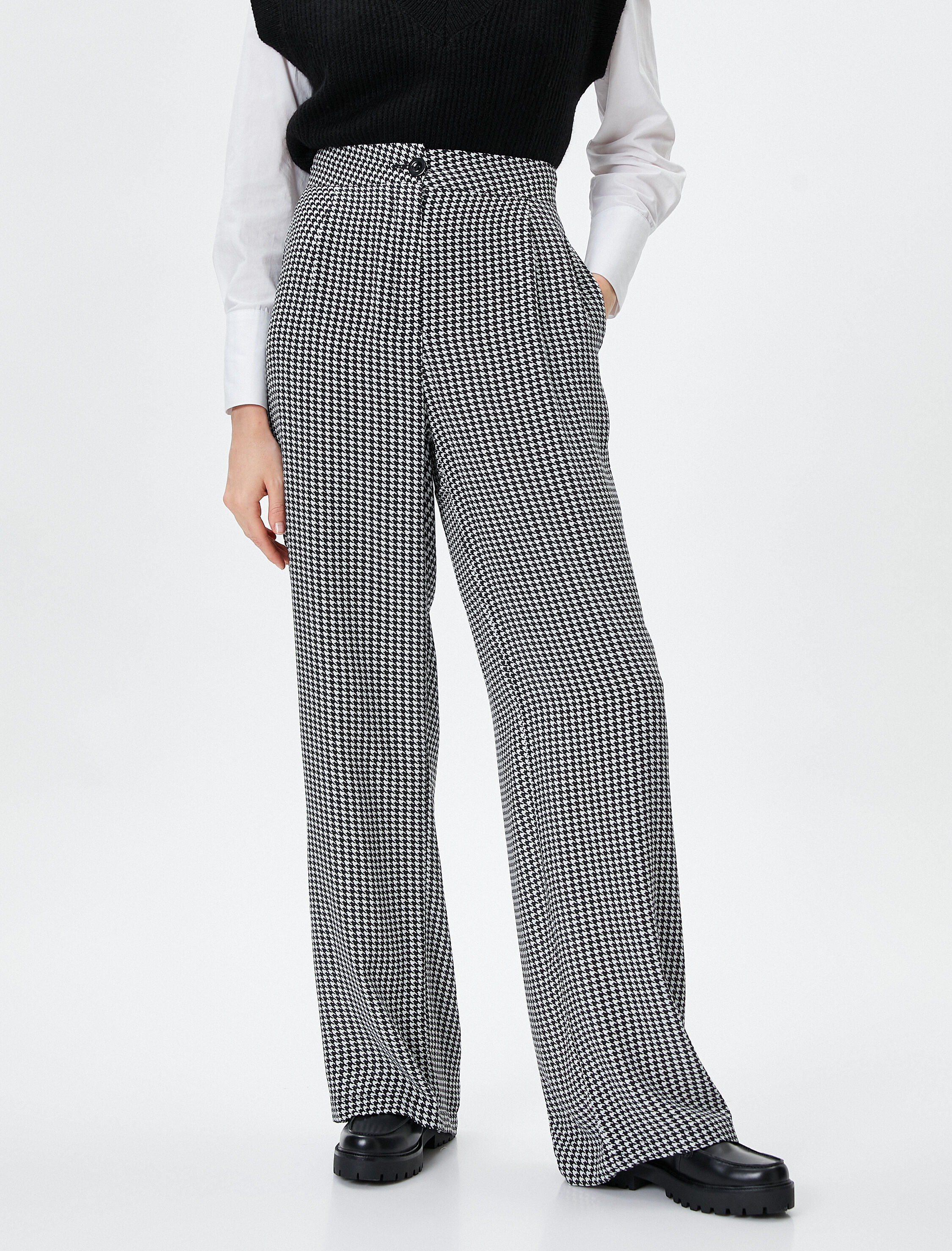   Palazzo Pantolon Kaz Ayağı Desenli Yüksek Bel Cepli