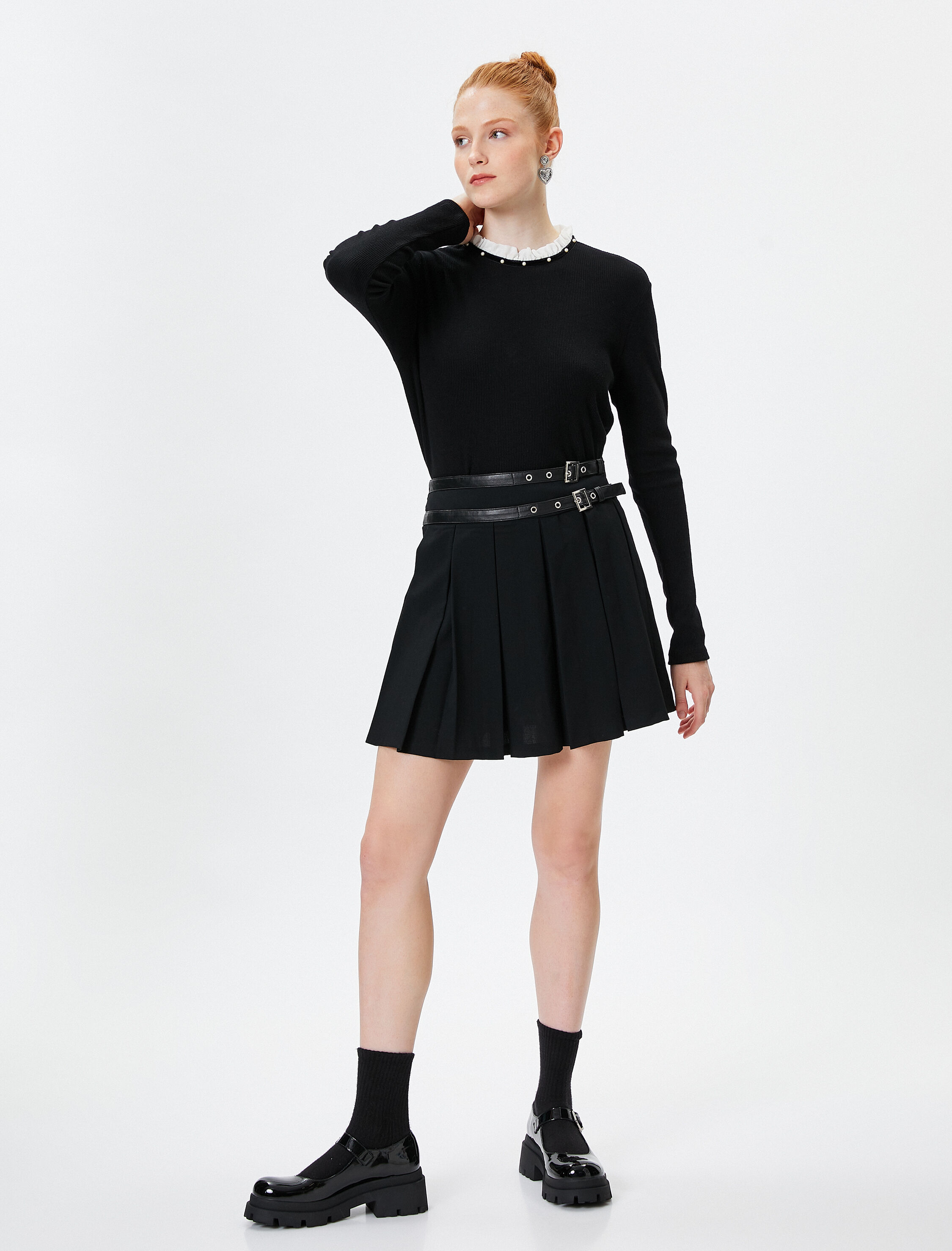   Mini Kalın Pileli Etek Kemer Detaylı Rahat Kalıp