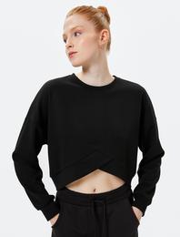 Crop Asimetrik Kesim Spor Sweatshirt Bisiklet Yaka Uzun Kollu Viskon Kumaş
