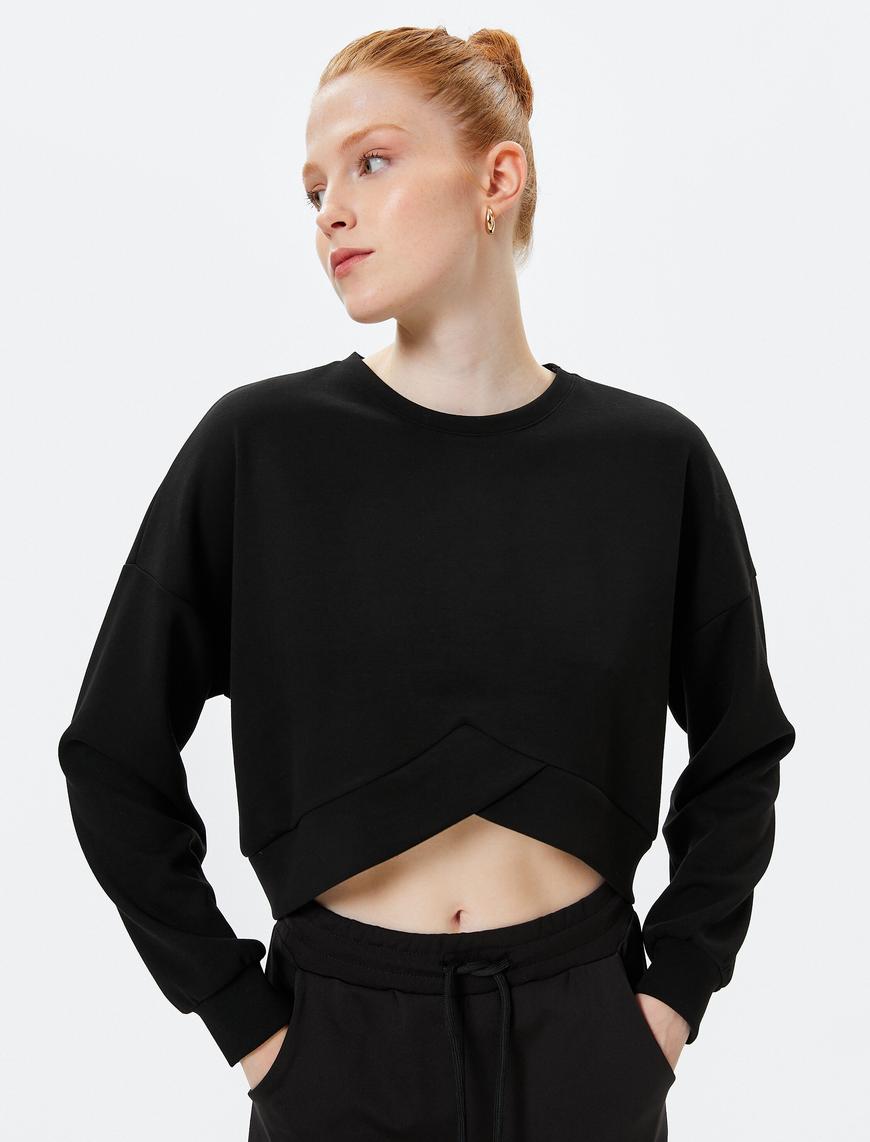   Crop Asimetrik Kesim Spor Sweatshirt Bisiklet Yaka Uzun Kollu Viskon Kumaş