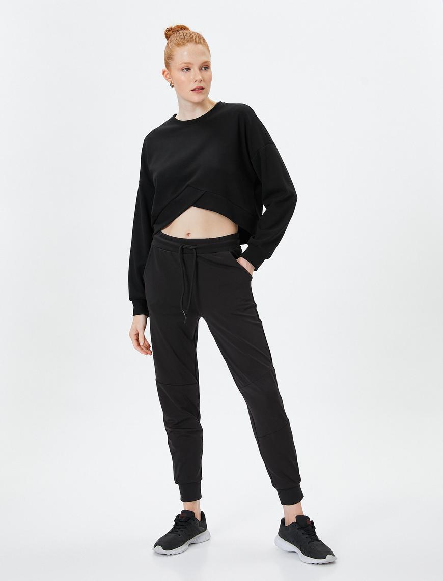   Crop Asimetrik Kesim Spor Sweatshirt Bisiklet Yaka Uzun Kollu Viskon Kumaş