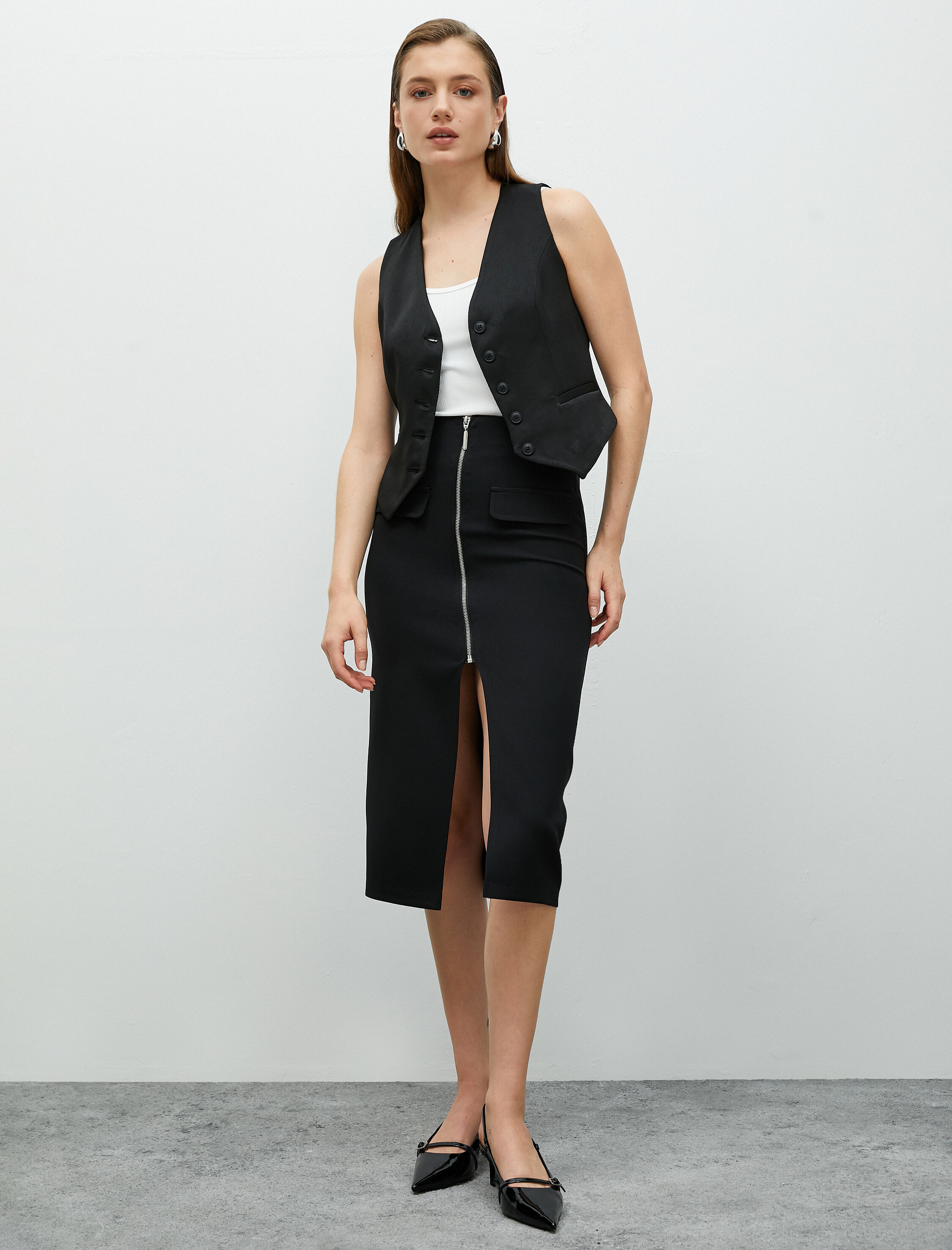   Midi Kalem Etek Önden Yırtmaçlı Fermuarlı Cep Detaylı Yüksek Bel