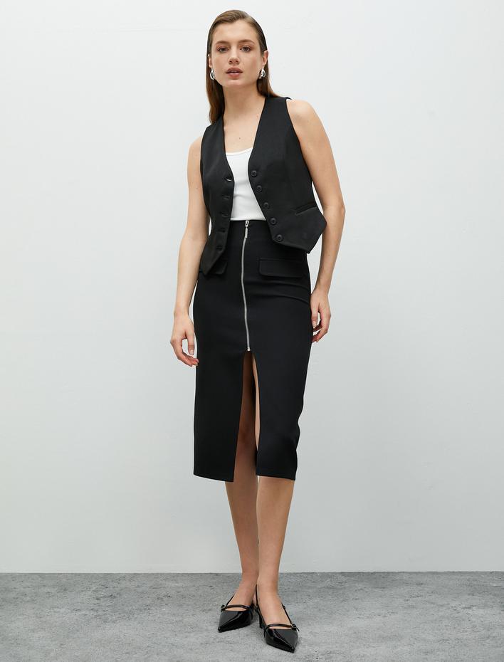  Midi Kalem Etek Önden Yırtmaçlı Fermuarlı Cep Detaylı Yüksek Bel