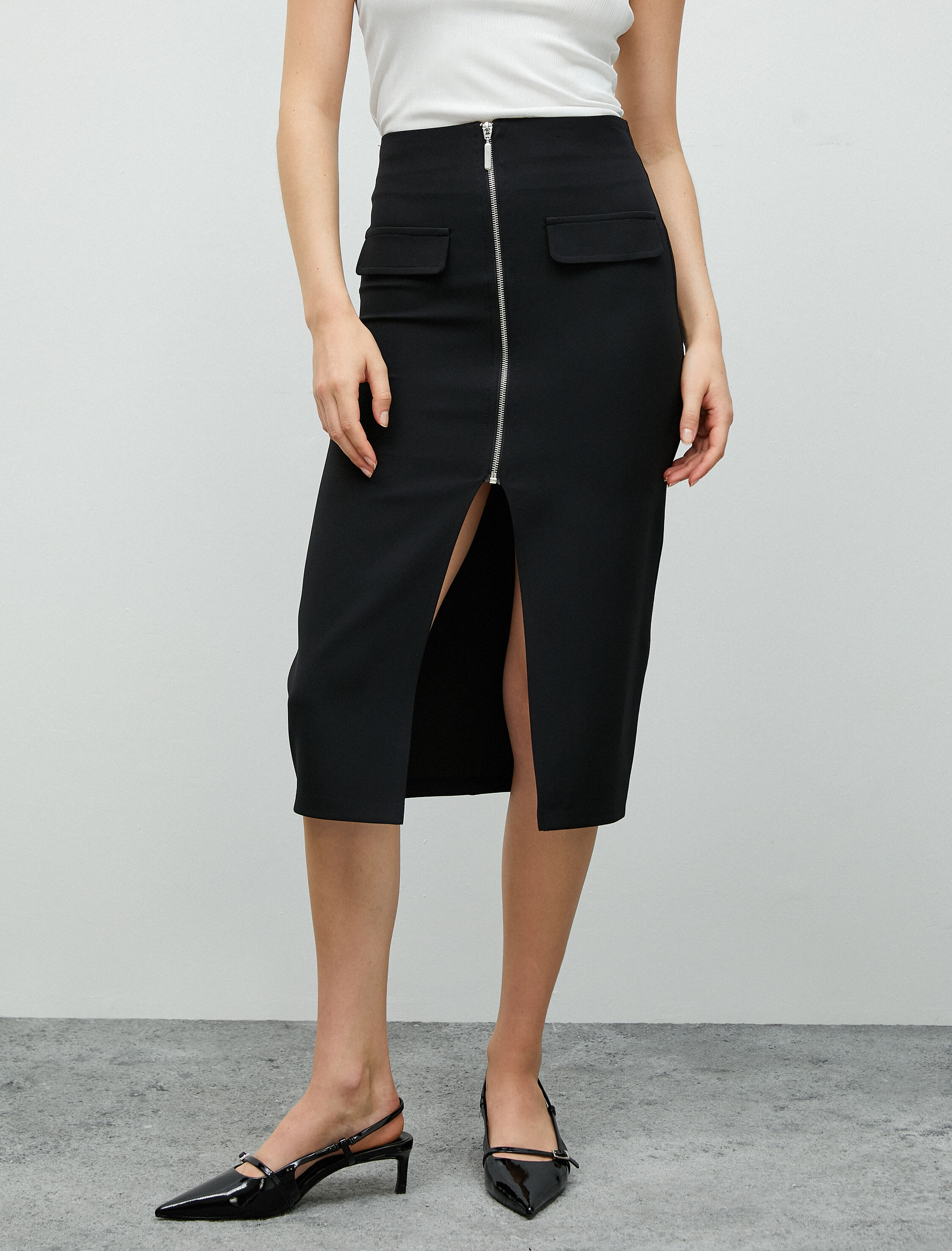   Midi Kalem Etek Önden Yırtmaçlı Fermuarlı Cep Detaylı Yüksek Bel