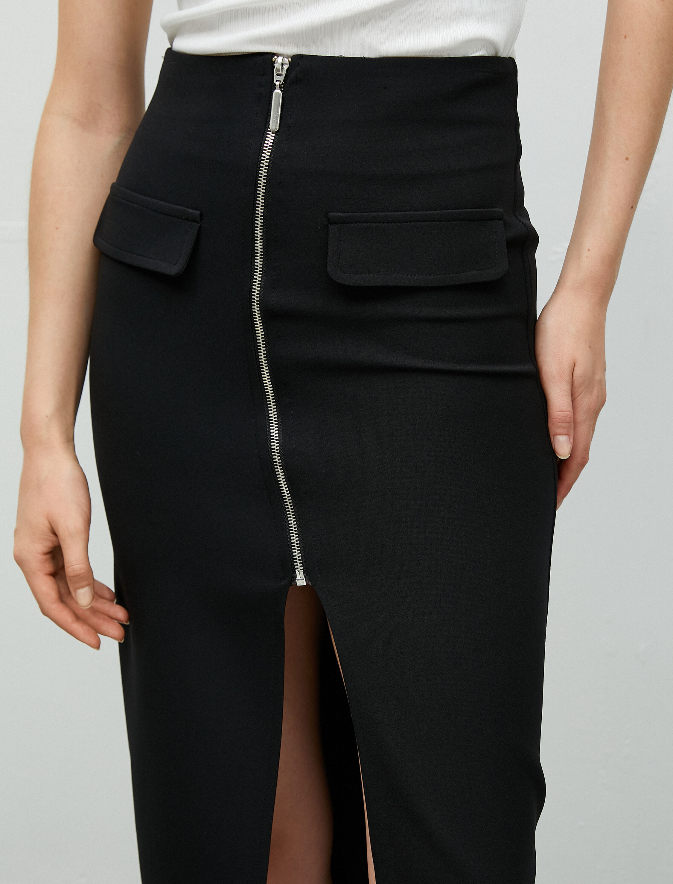   Midi Kalem Etek Önden Yırtmaçlı Fermuarlı Cep Detaylı Yüksek Bel