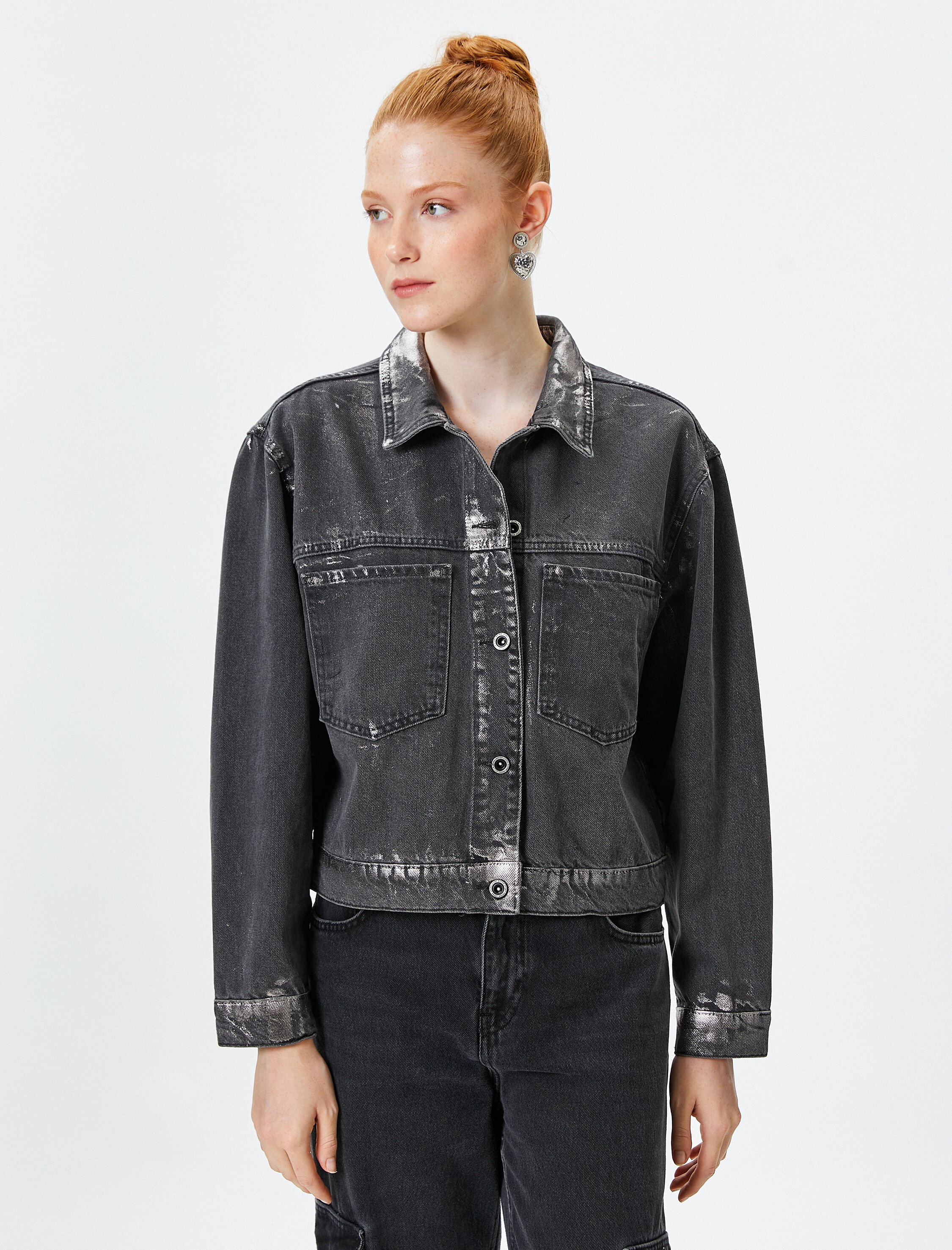   Kot Ceket Varak Baskı Detaylı Rahat Kalıp Gömlek Yaka Cepli