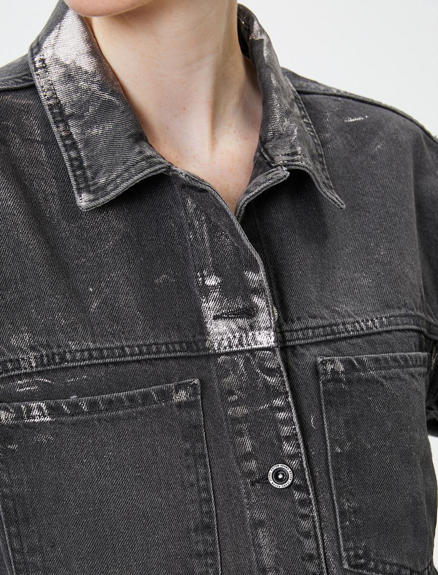   Kot Ceket Varak Baskı Detaylı Rahat Kalıp Gömlek Yaka Cepli