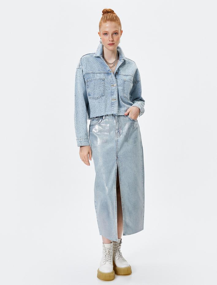  Midi Kot Etek Önden Yırtmaçlı Yüksek Bel Varaklı Metalik Parlak Baskılı Cepli