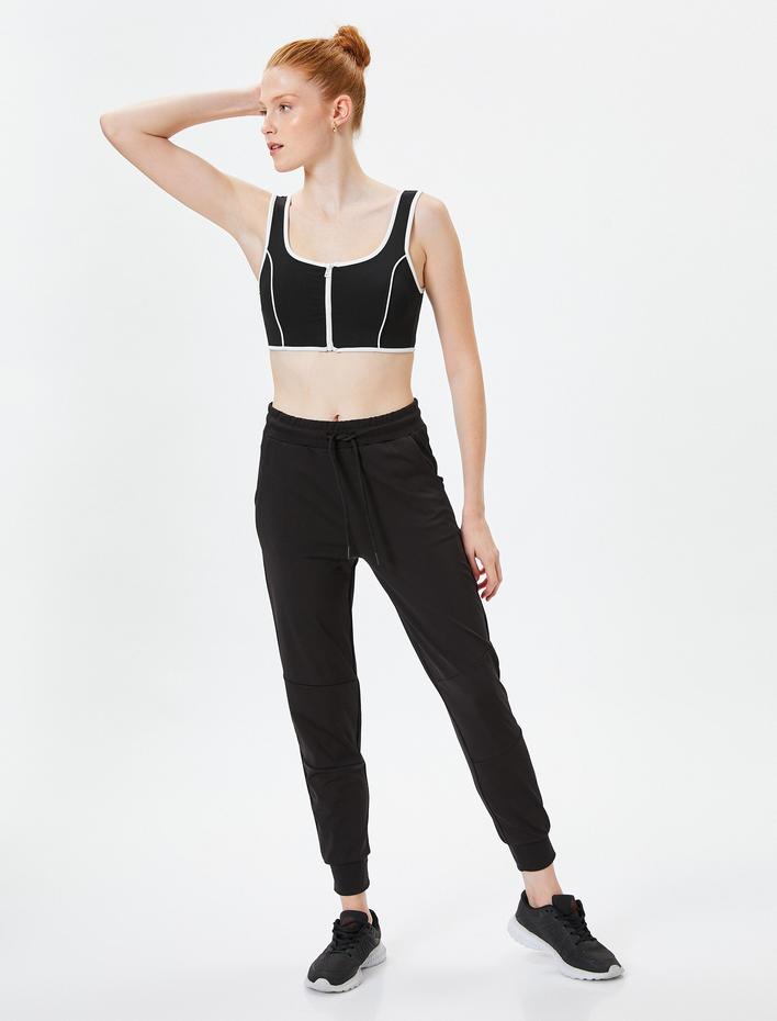  Kaplı Fermuarlı Sporcu Sütyeni Slim Fit Çizgili