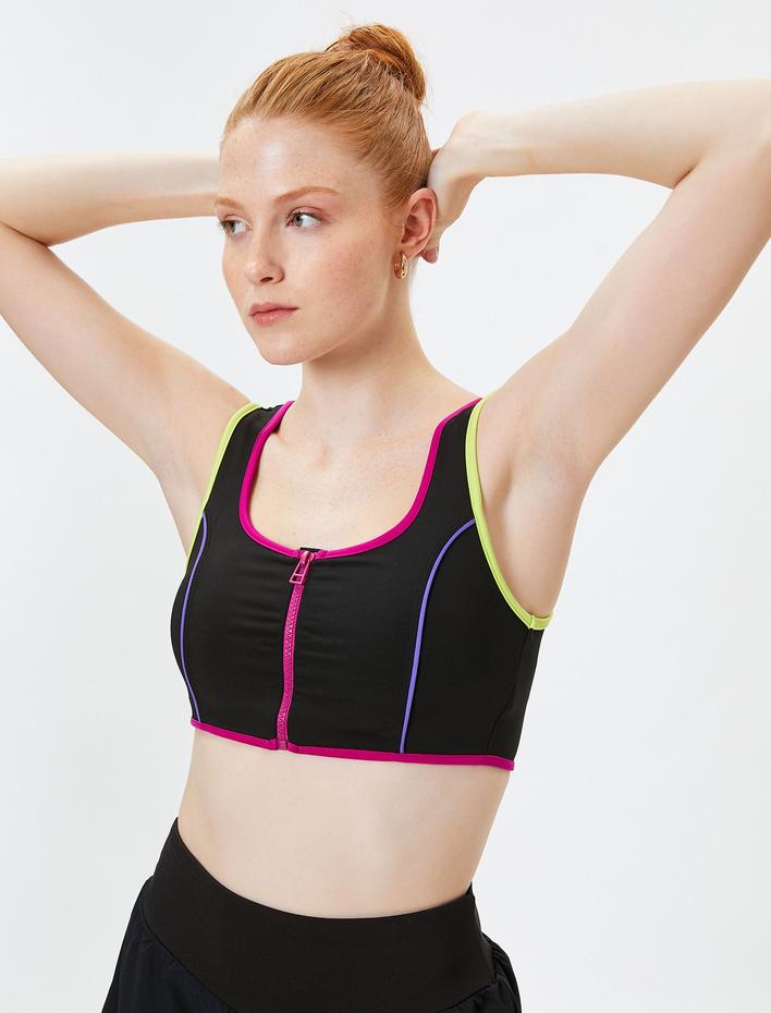  Kaplı Fermuarlı Sporcu Sütyeni Slim Fit Çizgili