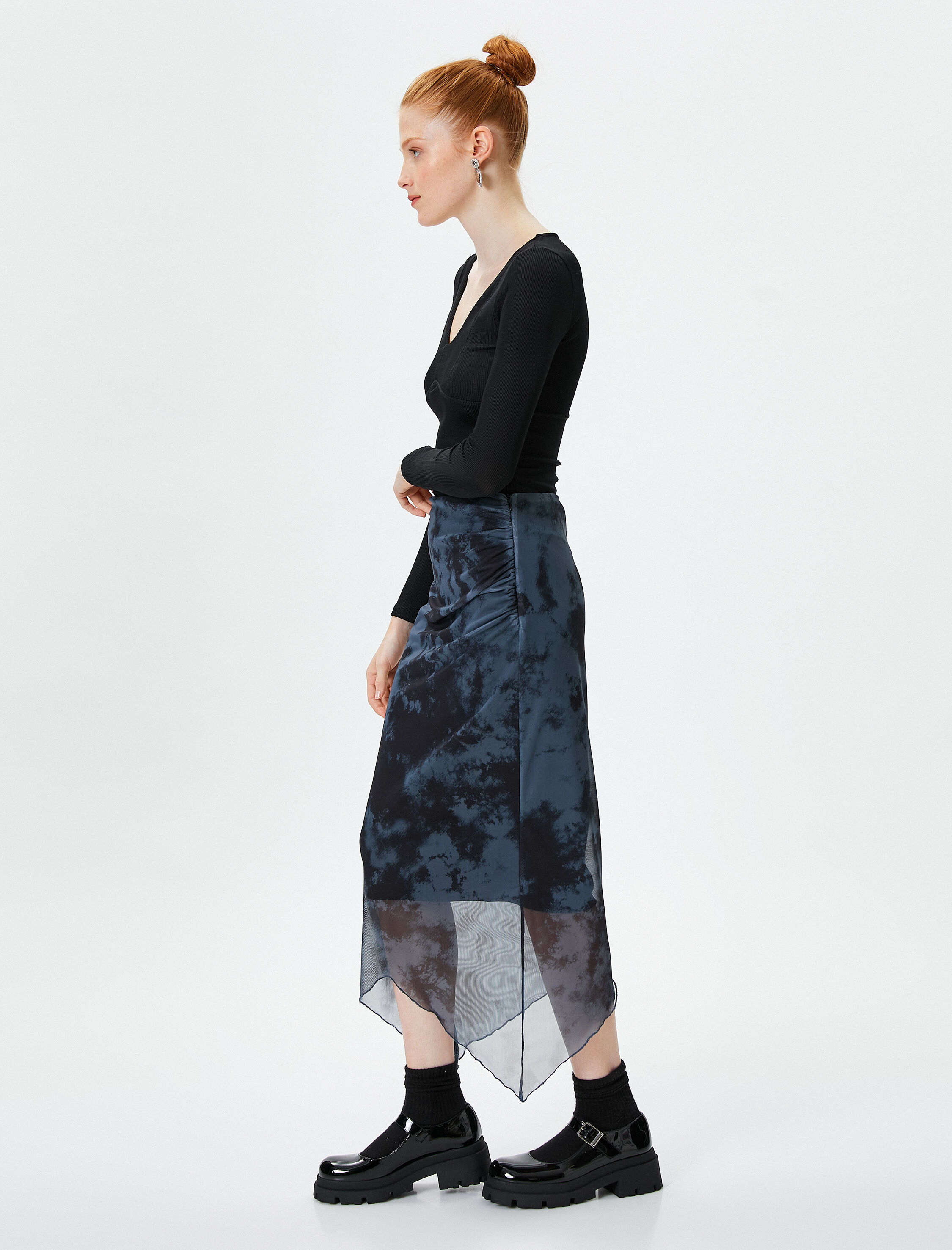   Batik Desenli Tül Etek Midi Boy Asimetrik Kesim Drape Detaylı Slim Fit