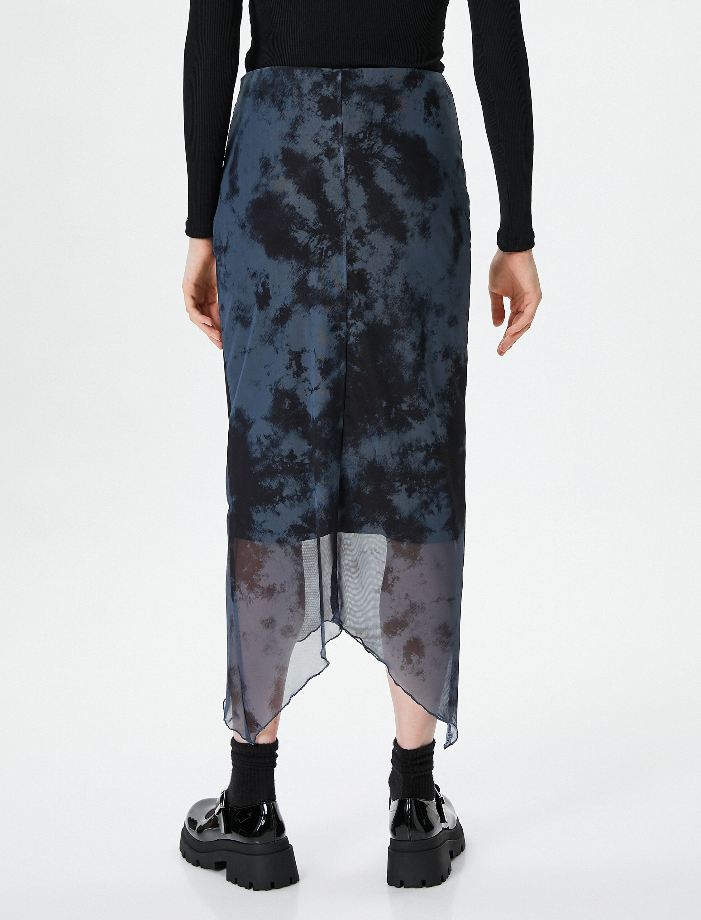   Batik Desenli Tül Etek Midi Boy Asimetrik Kesim Drape Detaylı Slim Fit