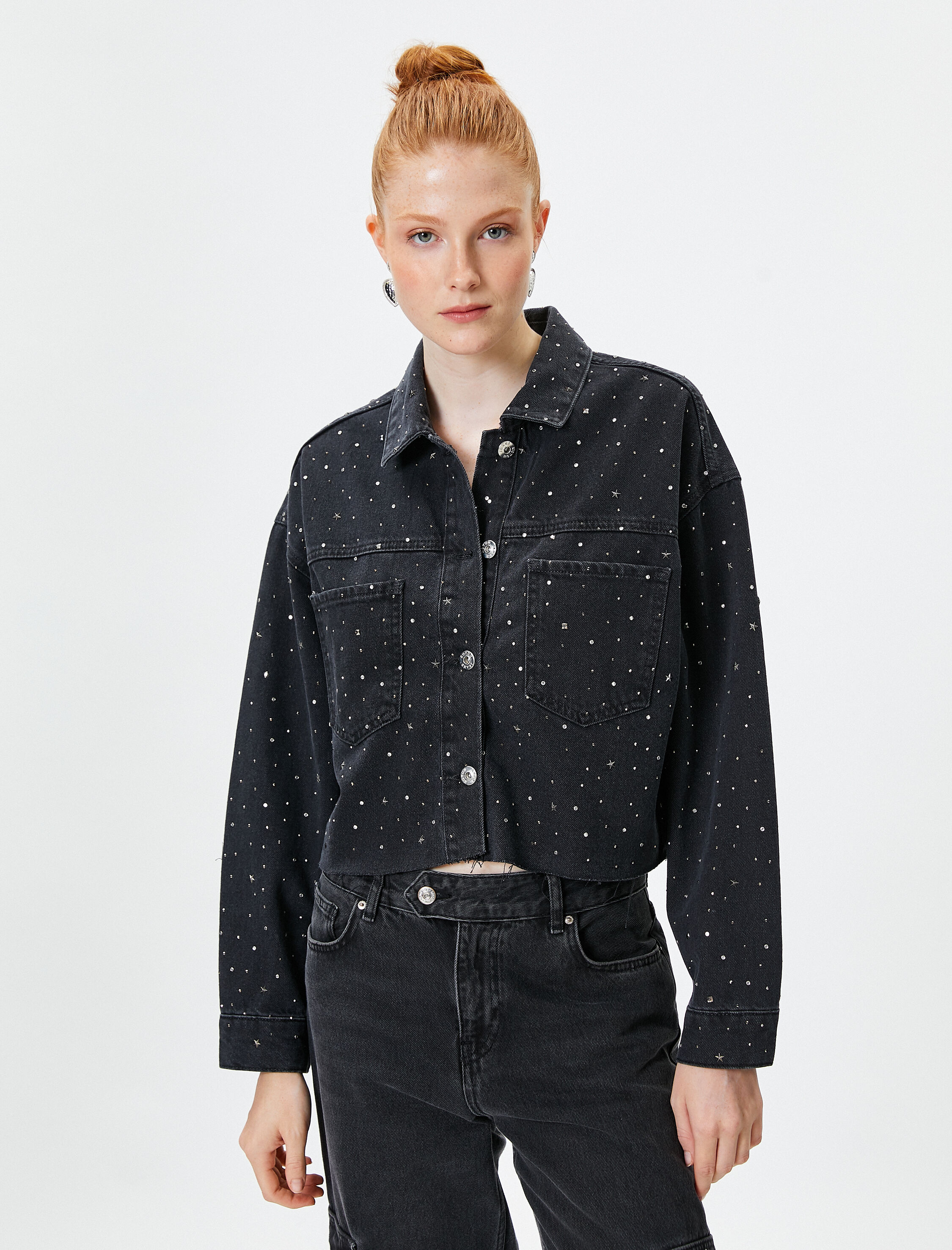   Taşlı Kot Ceket Rahat Kalıp Gömlek Yaka Cepli Pamuklu