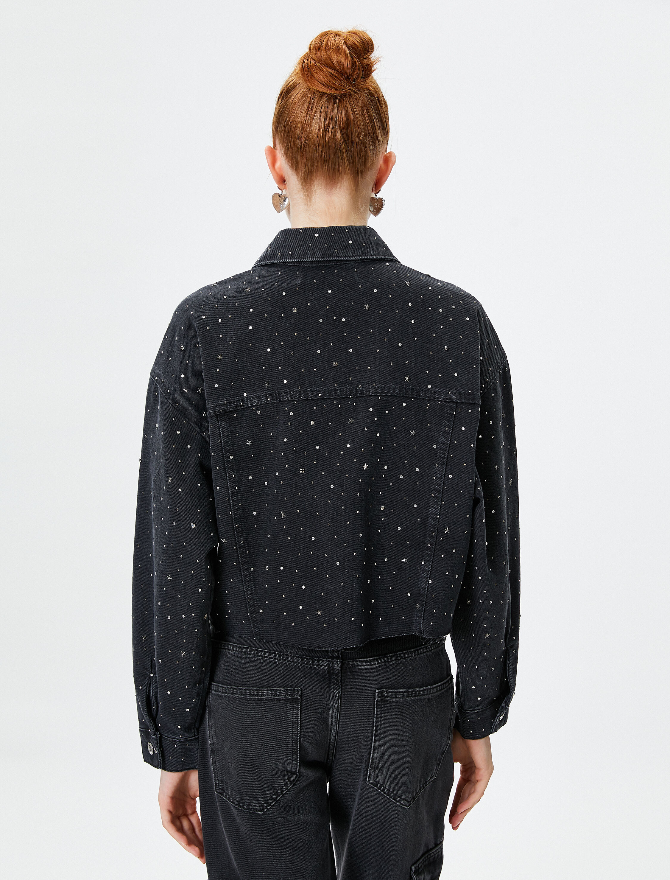   Taşlı Kot Ceket Rahat Kalıp Gömlek Yaka Cepli Pamuklu